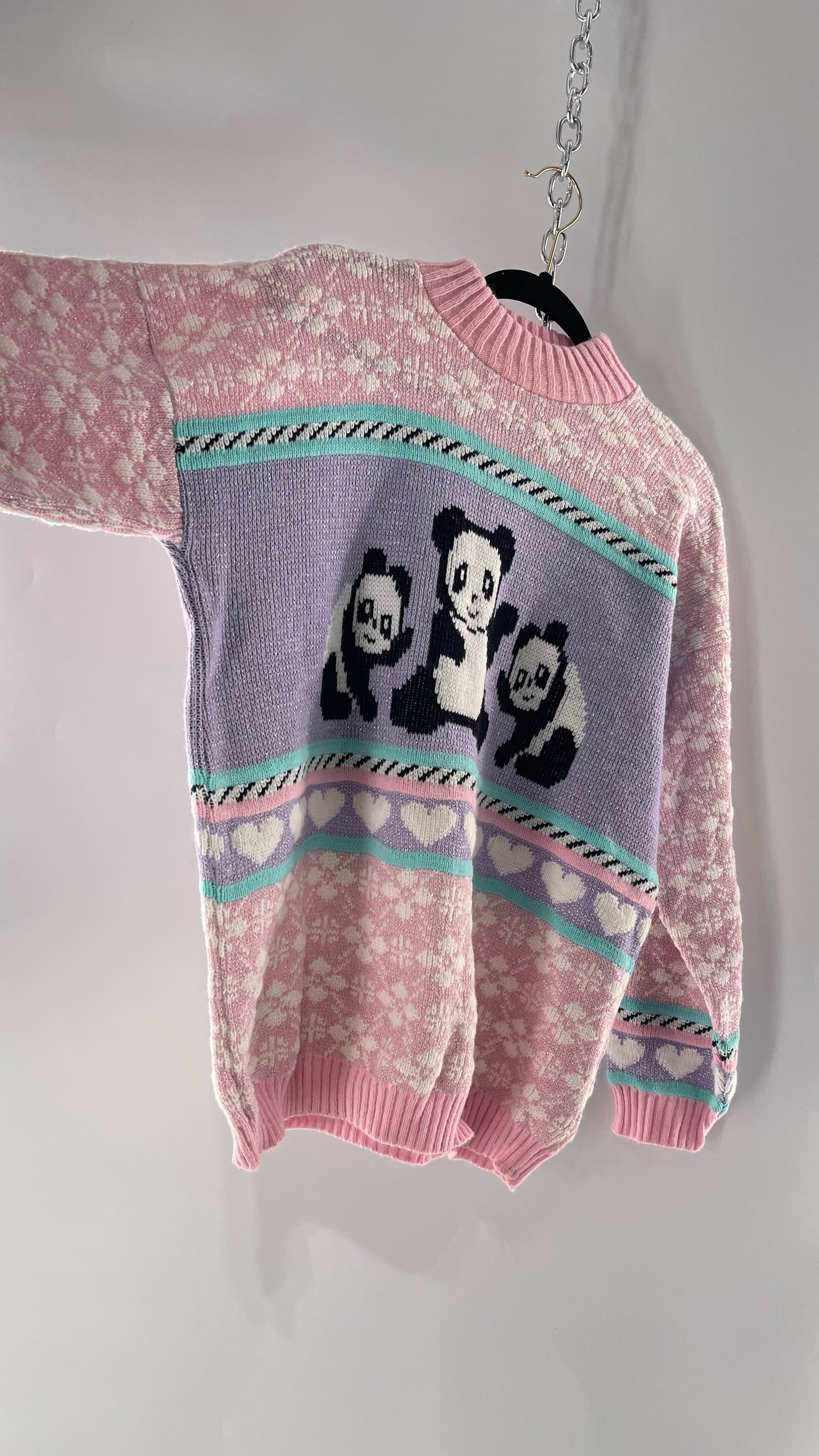RARE 80s Vintage Adele Pastel Pink, Purple, Mint Silver Tinsel Sweater with Anime/Manga Art Style Pandas (Medium)