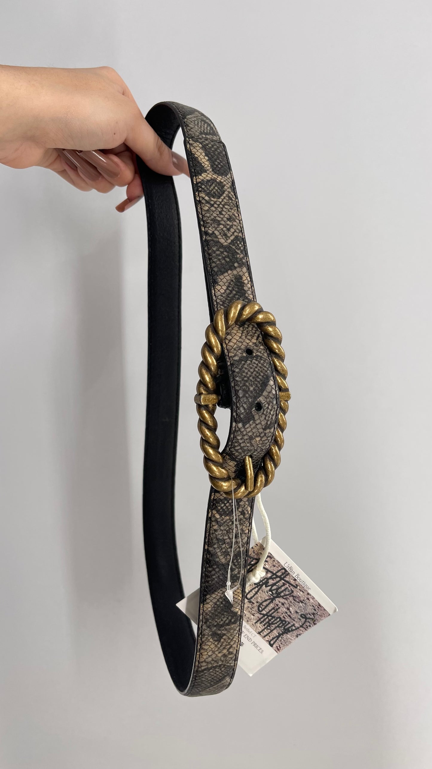 Free People Snake Patterned Belt with Gold Braided Oval Buckle (S/M)