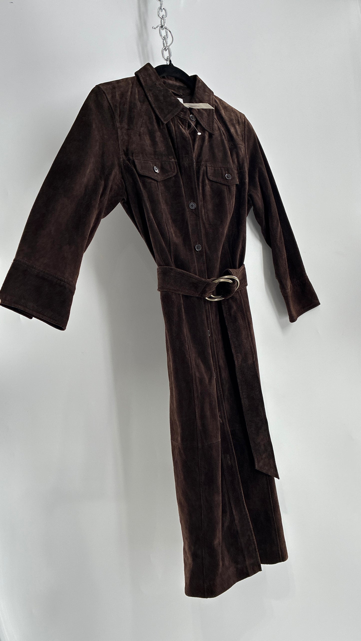 Vintage LOFT Brown Suede Leather Button Front, Belted Midi Dress with Tags Attached (4)