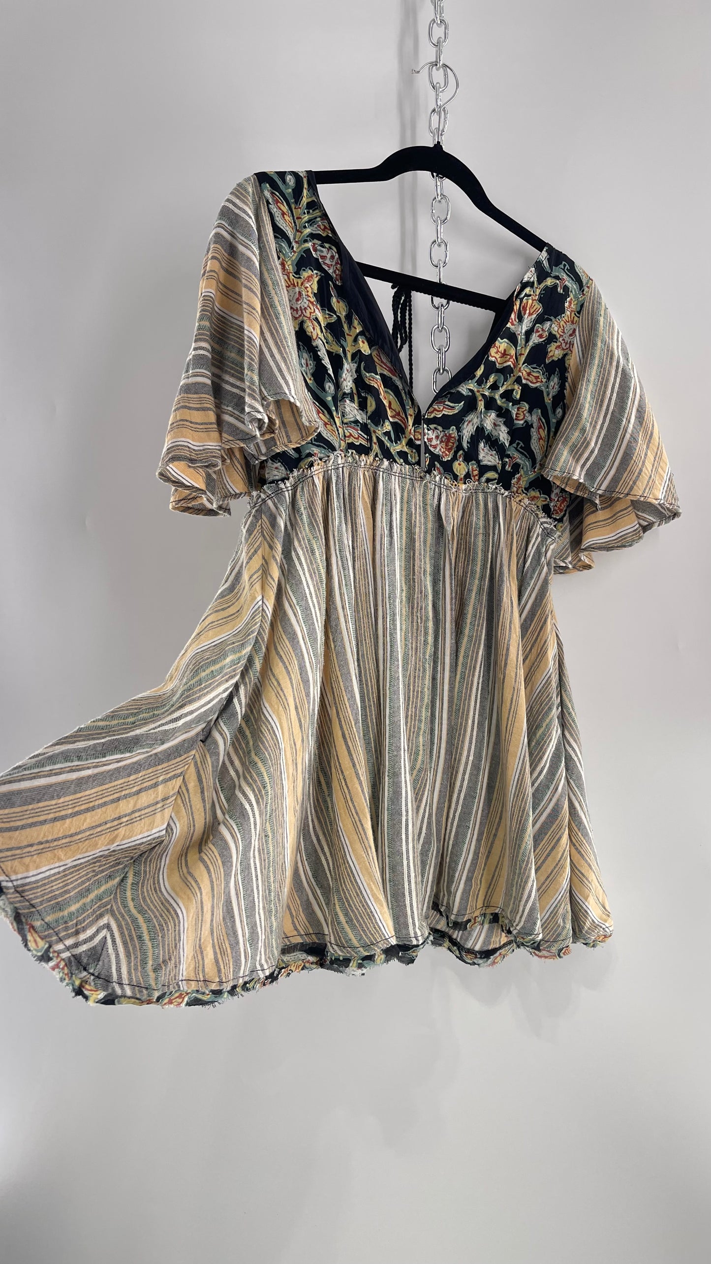 Free People Dual Fabric Floral/Woven Boho Babydoll Mini Dress (XS)