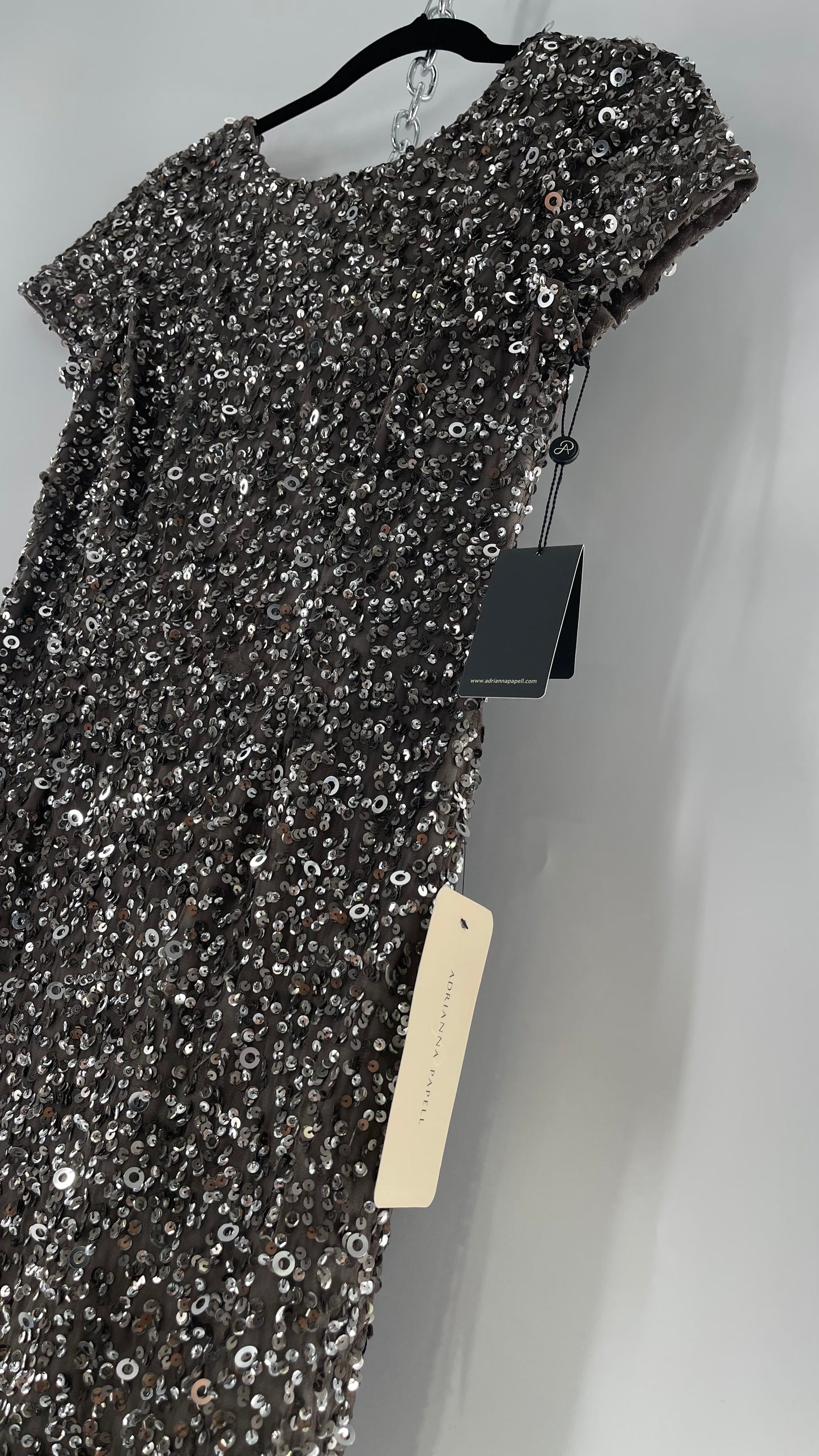 Adriana Papell Grey/Silver Short Sleeve Mini Dress Covered in Beads and Sequins (6)