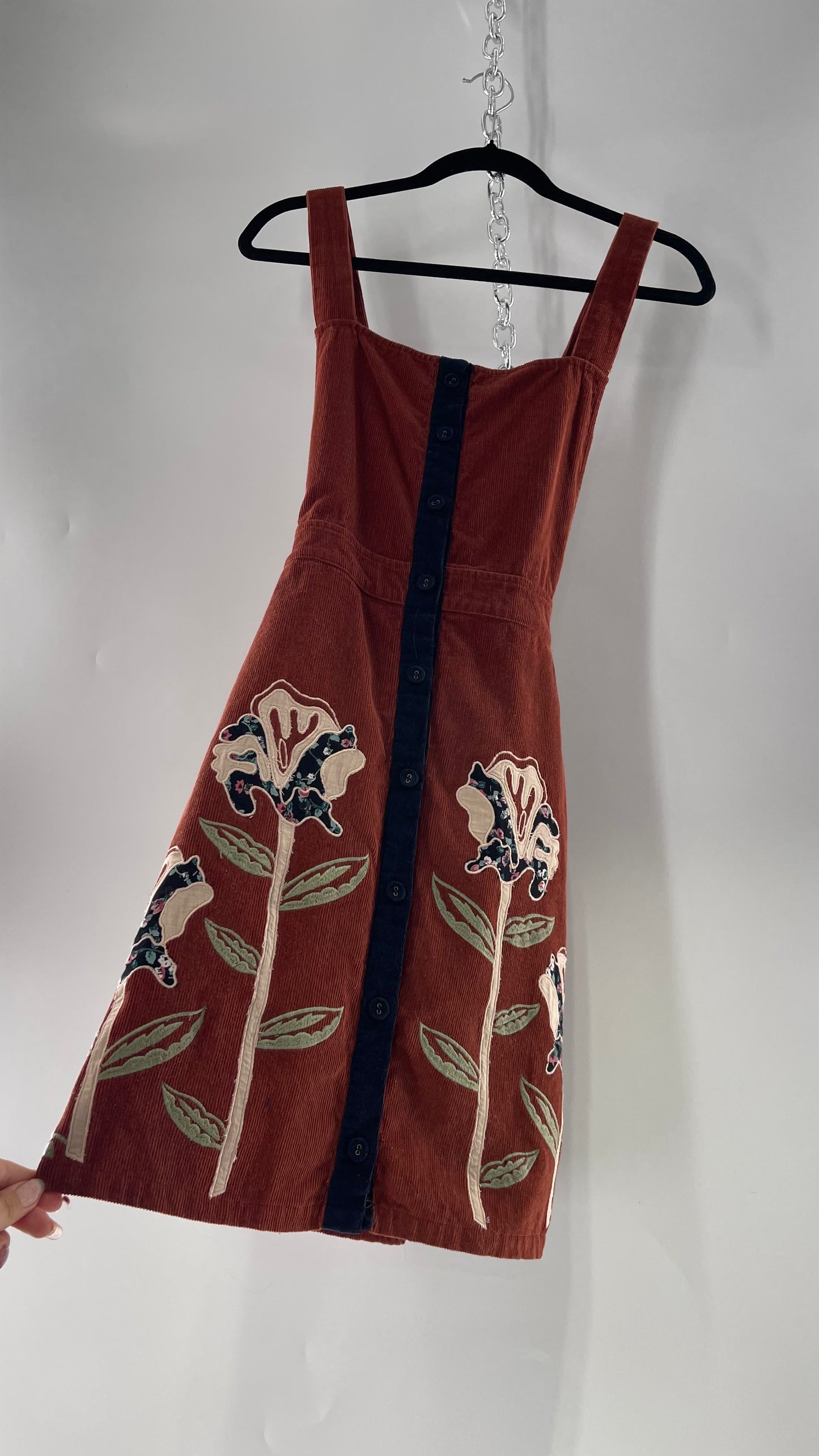 Seen. Worn. Kept. Anthropologie Terracotta Burnt Orange Corduroy Overall Dress with Embroidered Flower Details (S)