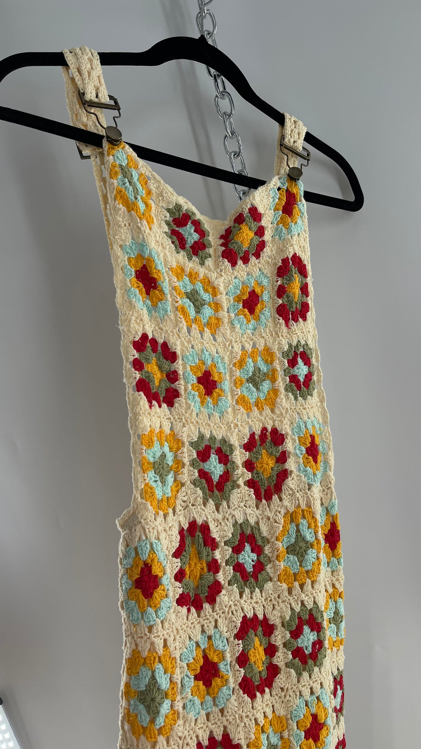 Free People Flook Beige Heavy Weight Crochet Granny Patchwork Overall Dress (Small)