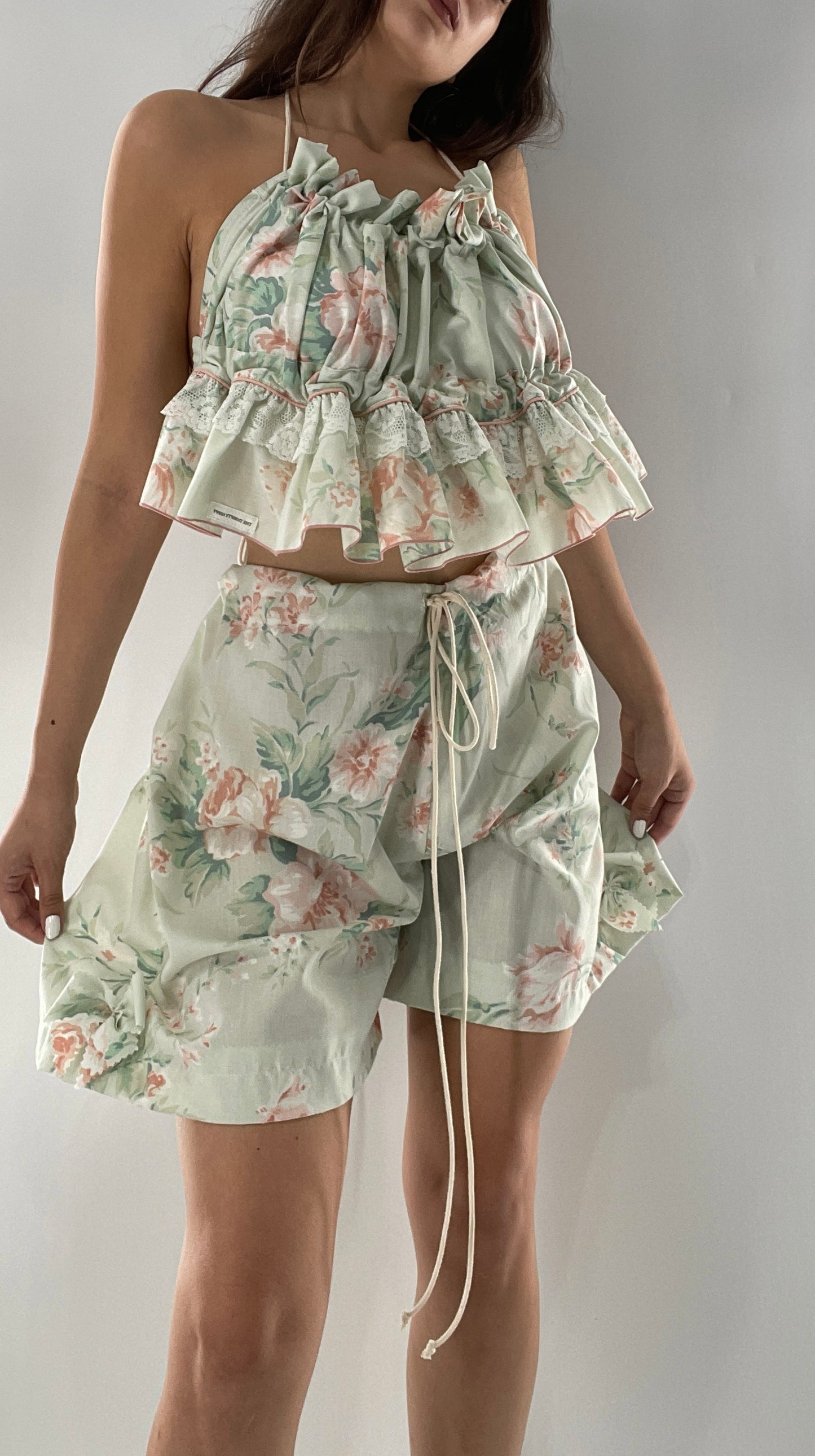 Vintage 2 Piece Bloomers and Babydoll Blouse Set Covered in Delicate Florals, Ruffles, Bows and Lace (One Size)