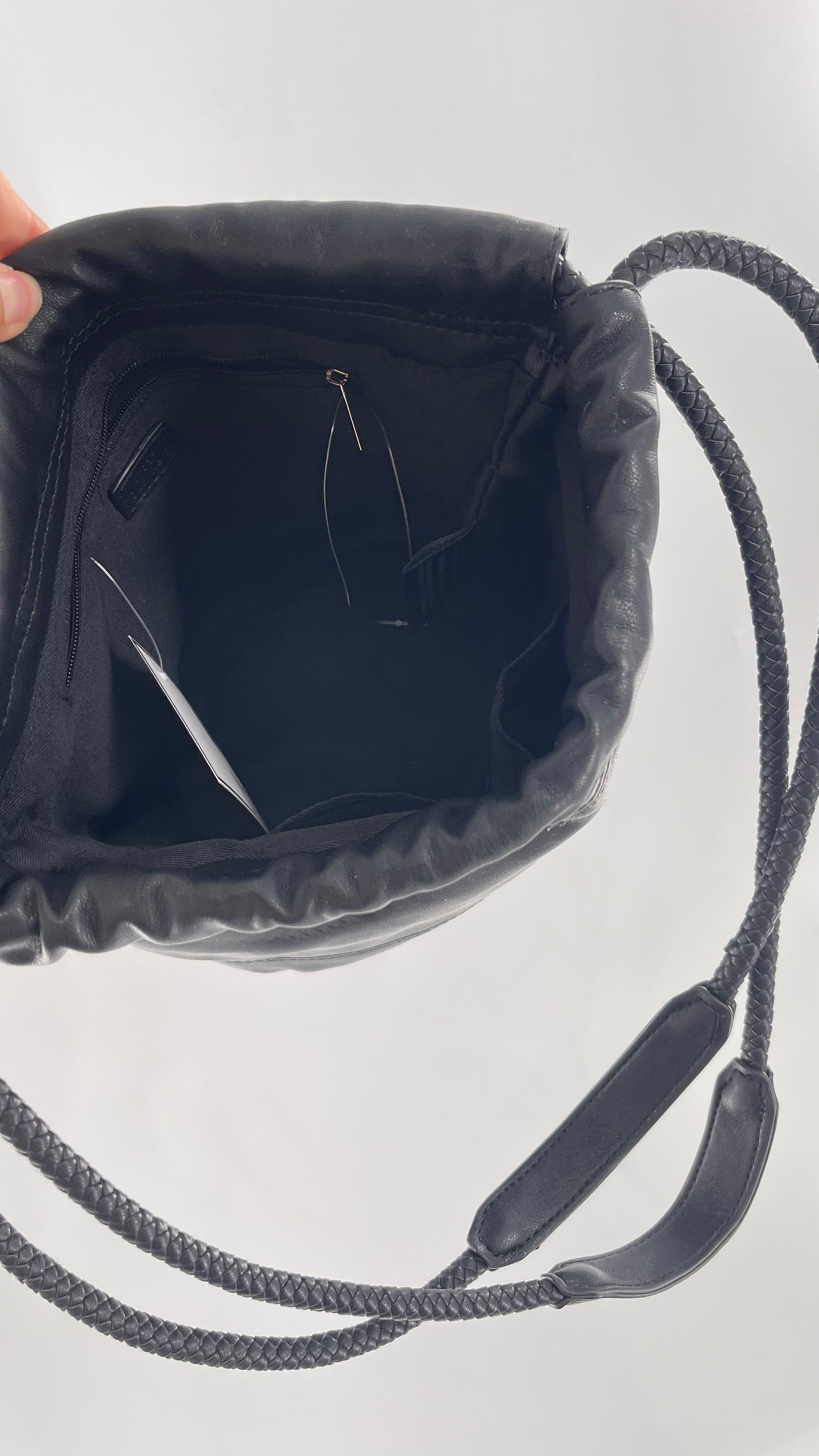 Urban Outfitters Black Adjustable Bucket Tank Vegan Leather Bag with Braided Handles