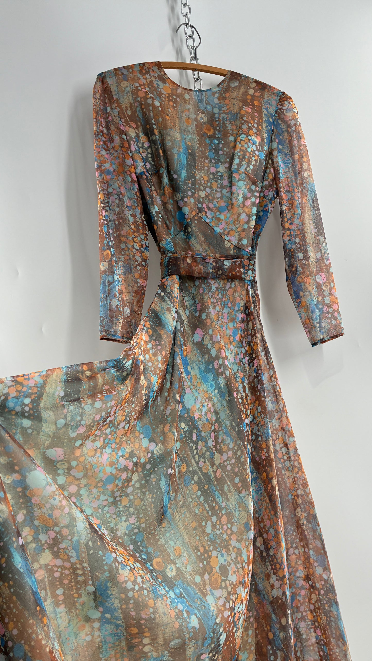 Vintage 1970s HELEN BASS Brown, Orange, Blue Voluminous Maxi Dress (S)