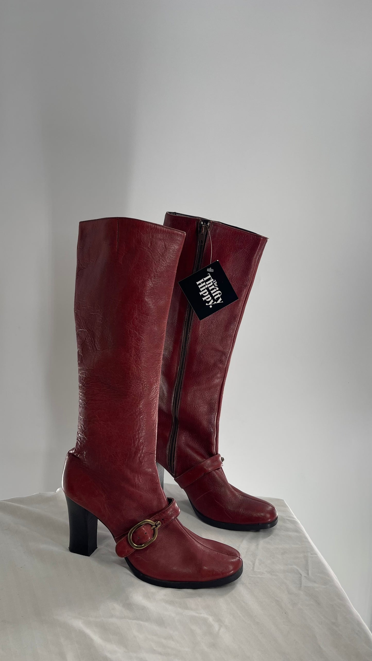 Vintage Etienne Aigner Red Italian Leather Boots with Buckle Strap (8.5)