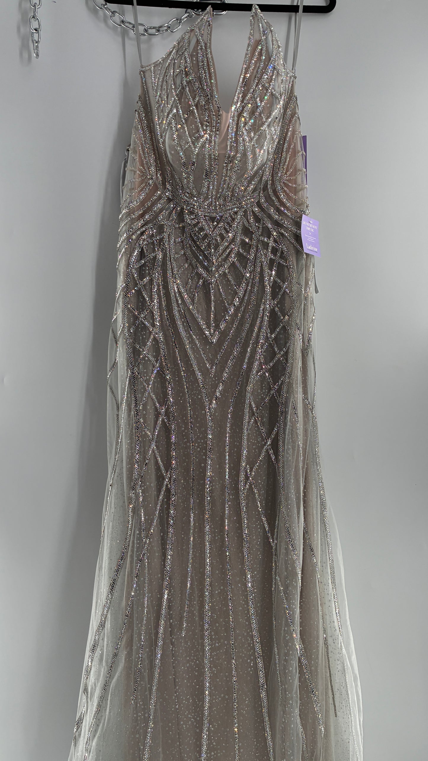 NWT LADIVINE by Cinderella Divine Silver Nude CC6018 Mermaid Corseted Gown with Multiple Layers of Tulle, Covered in Crystal Strips (16)