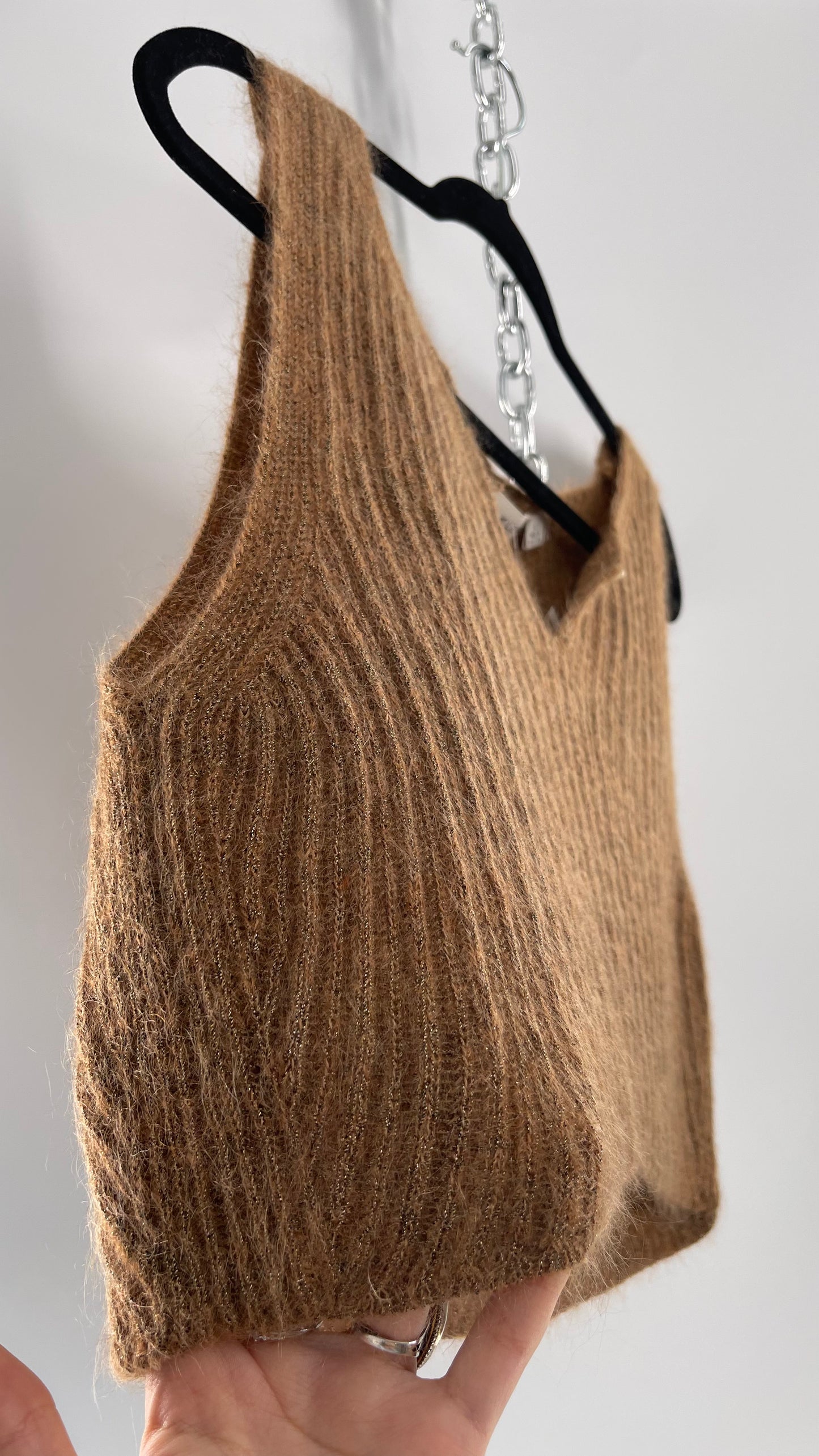 Vintage Anne Klein 42% Mohair Tan Knit Tank with Gold Tinsel (Large)