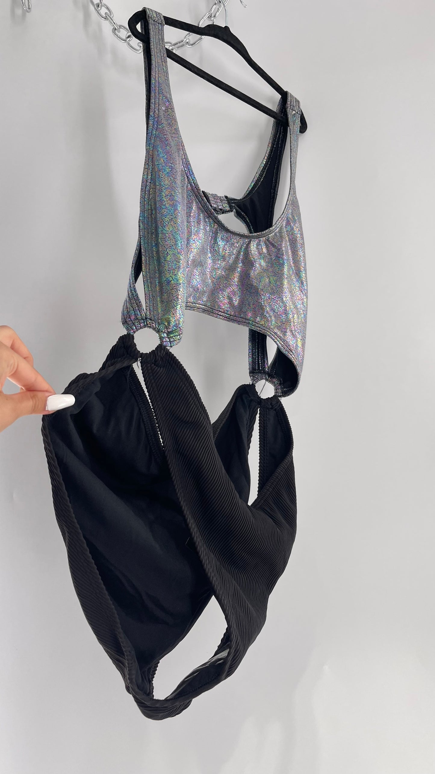 Urban Outfitters Out From Under Bathing Suit Metallic Gas Spill Top and Ribbed Black Bottom Connected by Rings (Large)