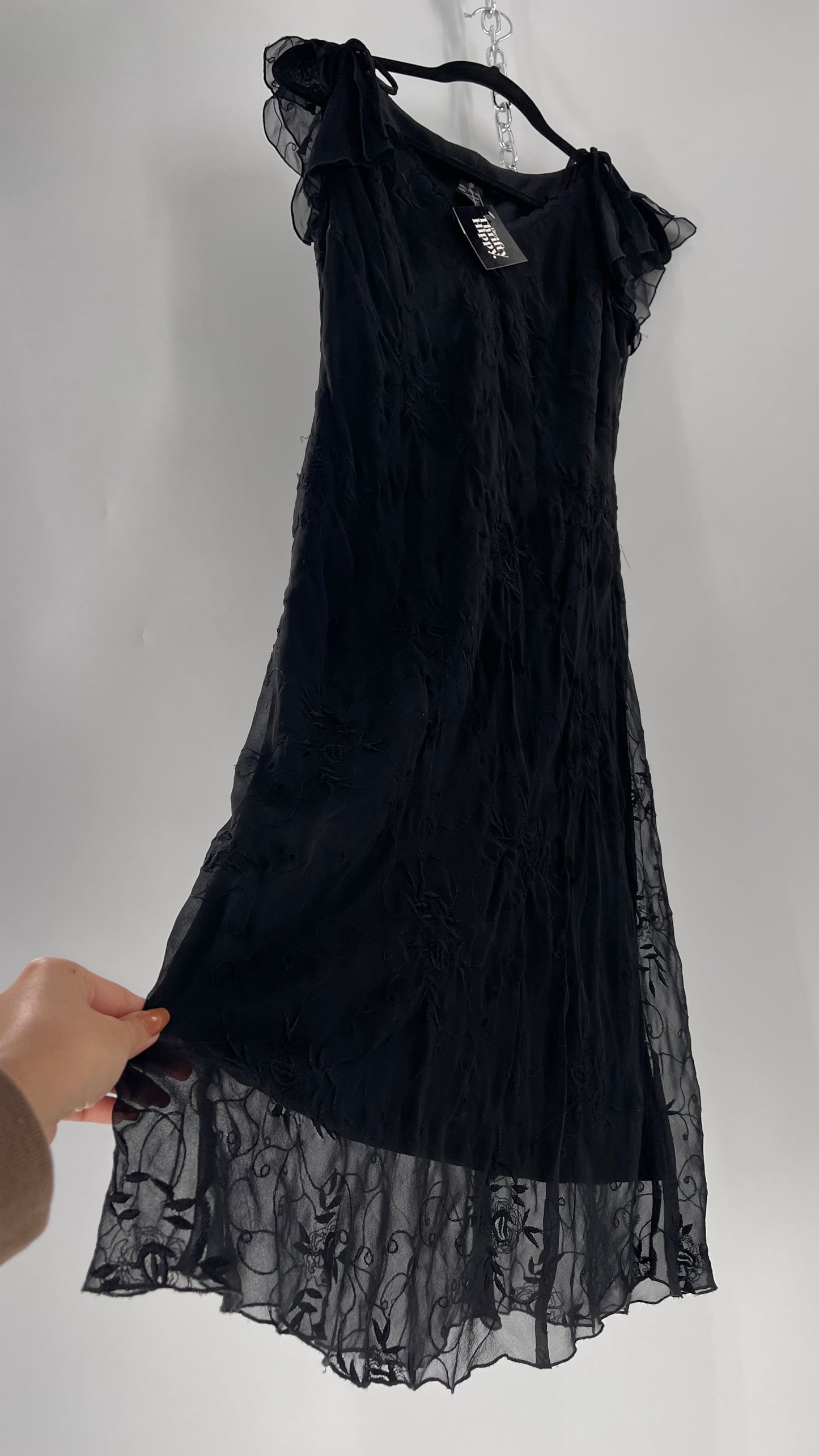 Vintage Jonathan Martin 100% Silk Black Embroidered MIDI Dress with Tie Shoulder Detail (10)