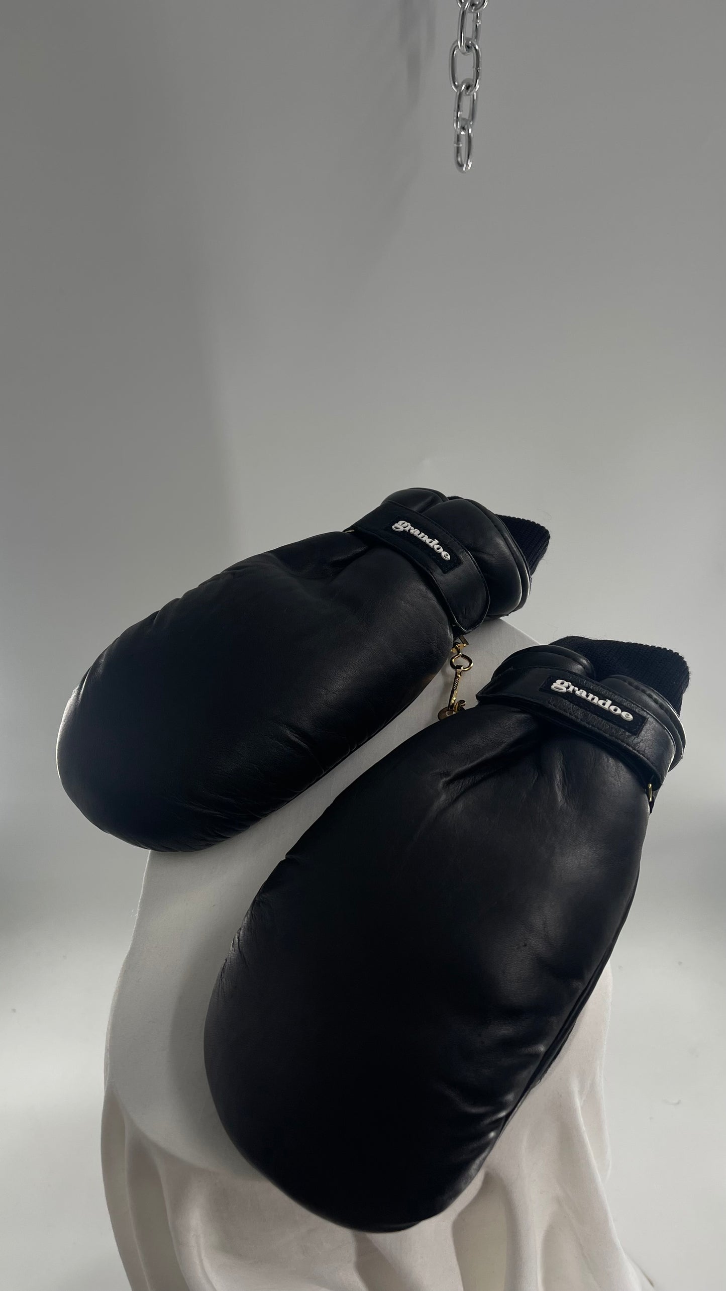 Grandoe Black Leather Mittens with Branding and Gold Logo Link