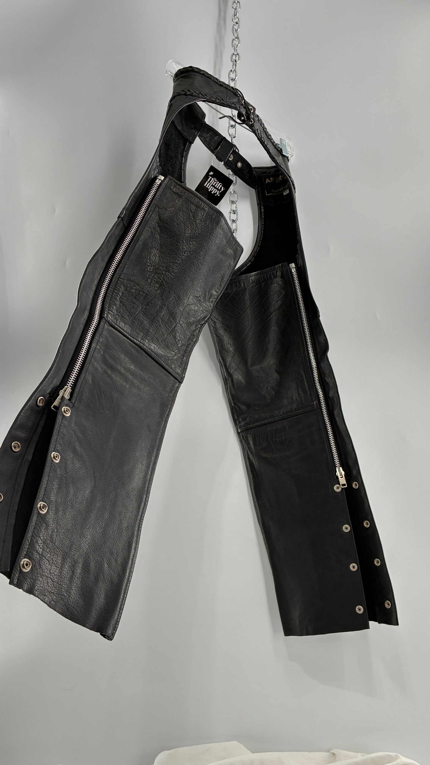 Vintage AMERICAN LEATHER Black Motorcycle Chaps/Pants with Mini Pocket, and Side Zipper Detailing (XS)