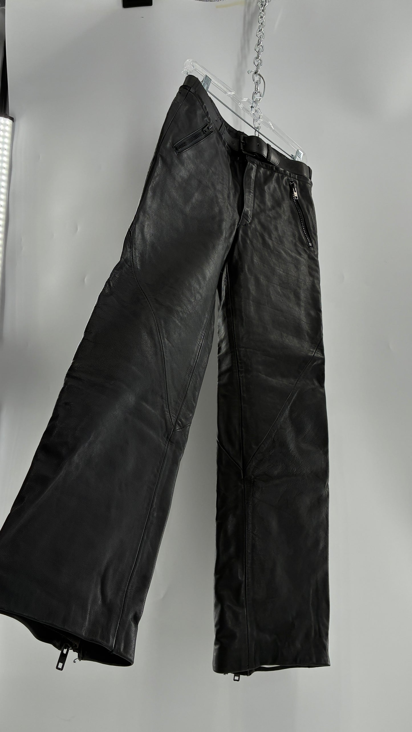 Vintage Black Italian Leather Motorcycyle Pants with Built In Belt and Zipper Detailing (XS)