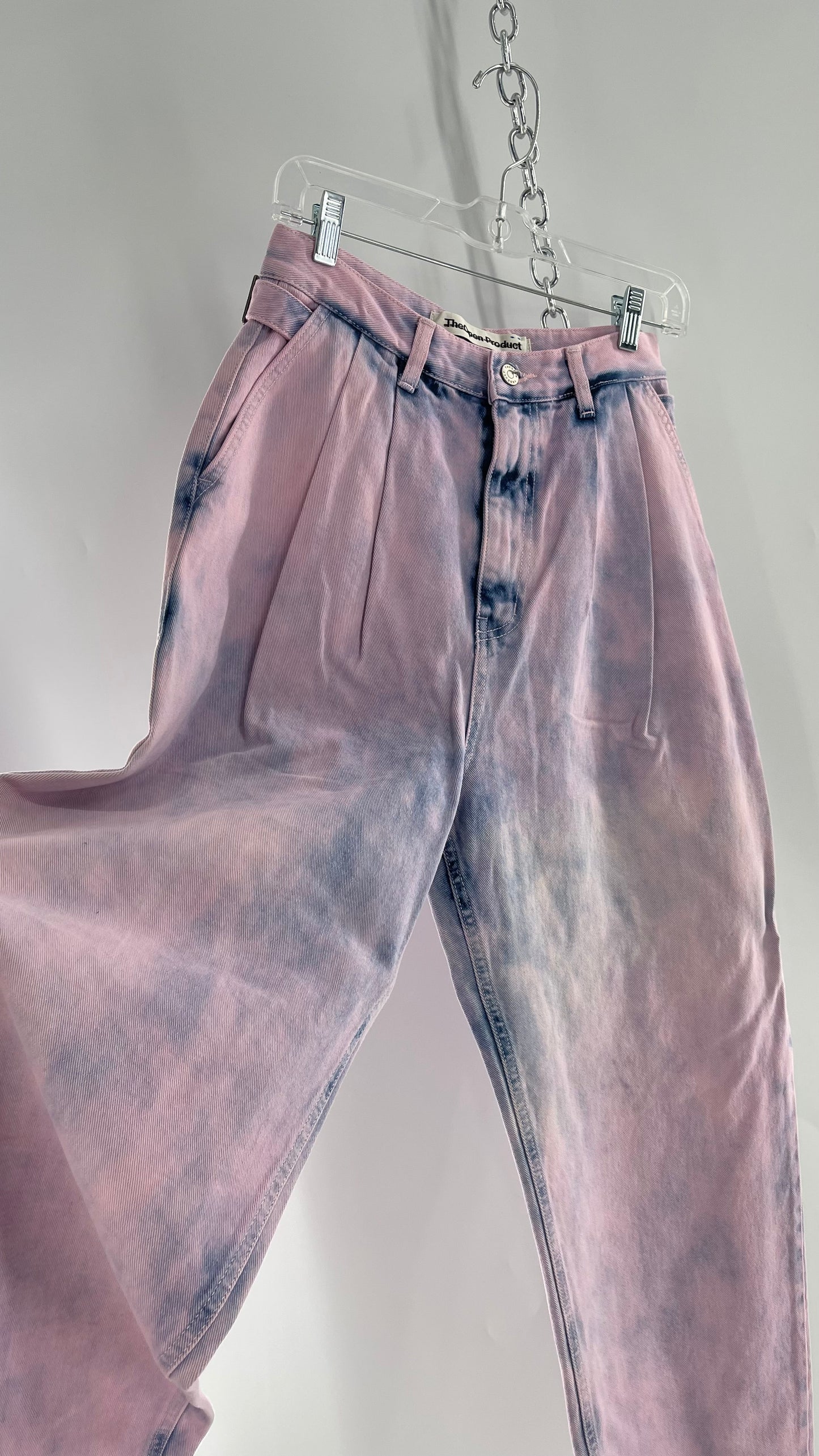 The Open Product Pink/Blue Acid Wash Jeans with Waist Pulls and Pleats (1)