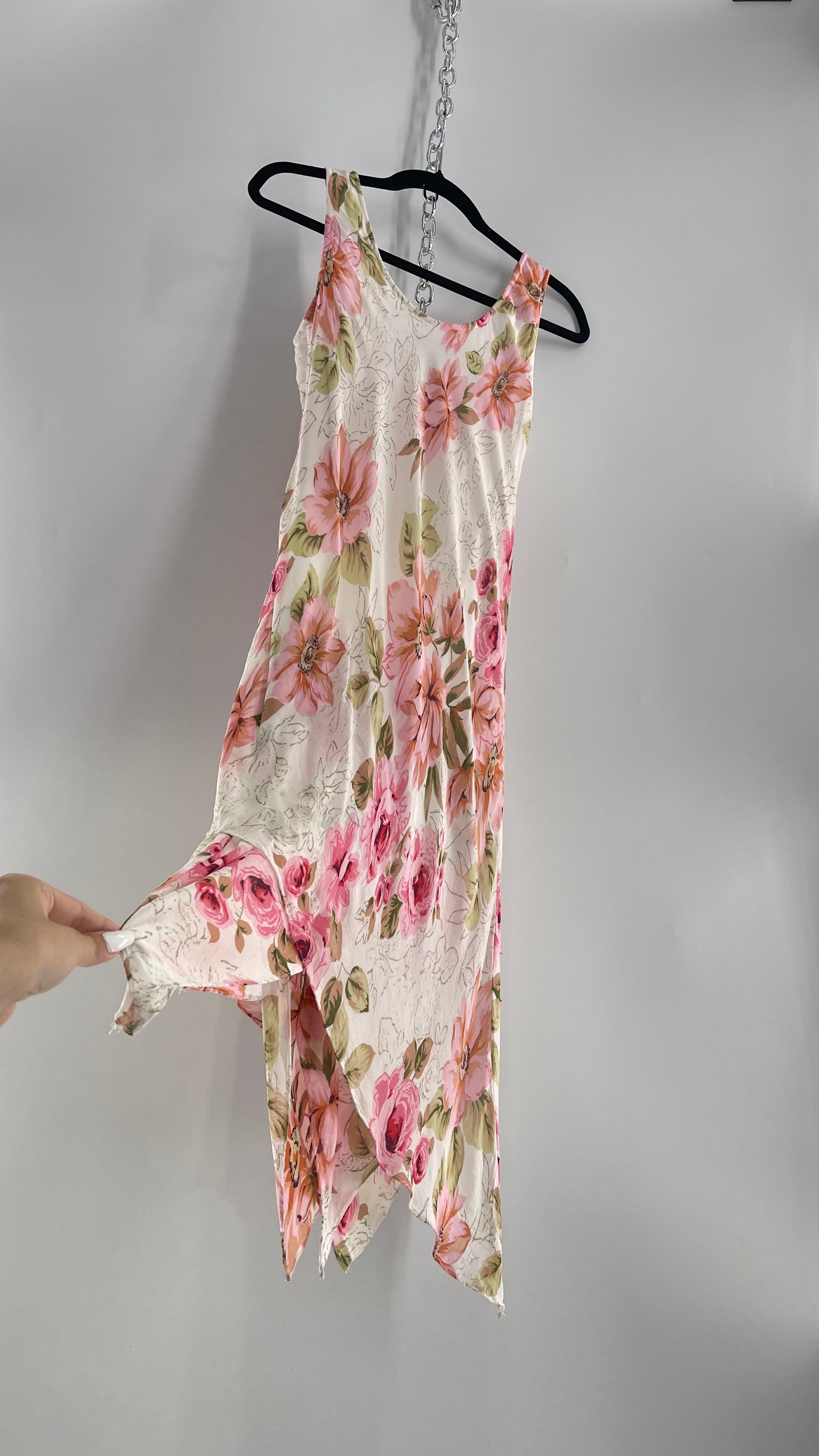 Vintage Eva Blue Pink Floral Draped Neck Sleeveless MIDI with Beading (10)