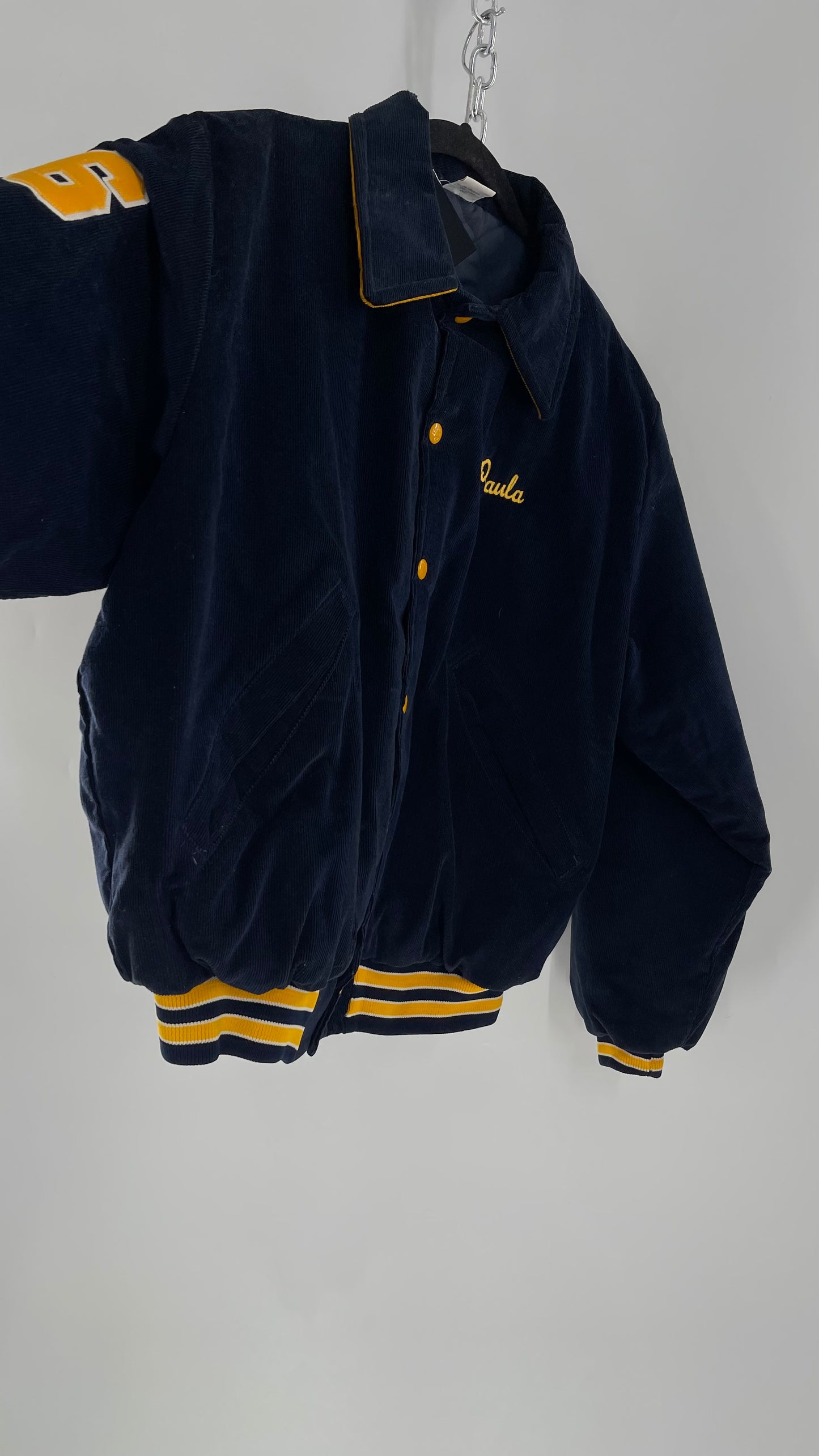 Birdie Vintage Phi Sigma Sigma Navy Blue Corduroy Varsity/Sorority Jacket with Contrast Yellow Patches and Embroidered “Paula” Monogram (Large)