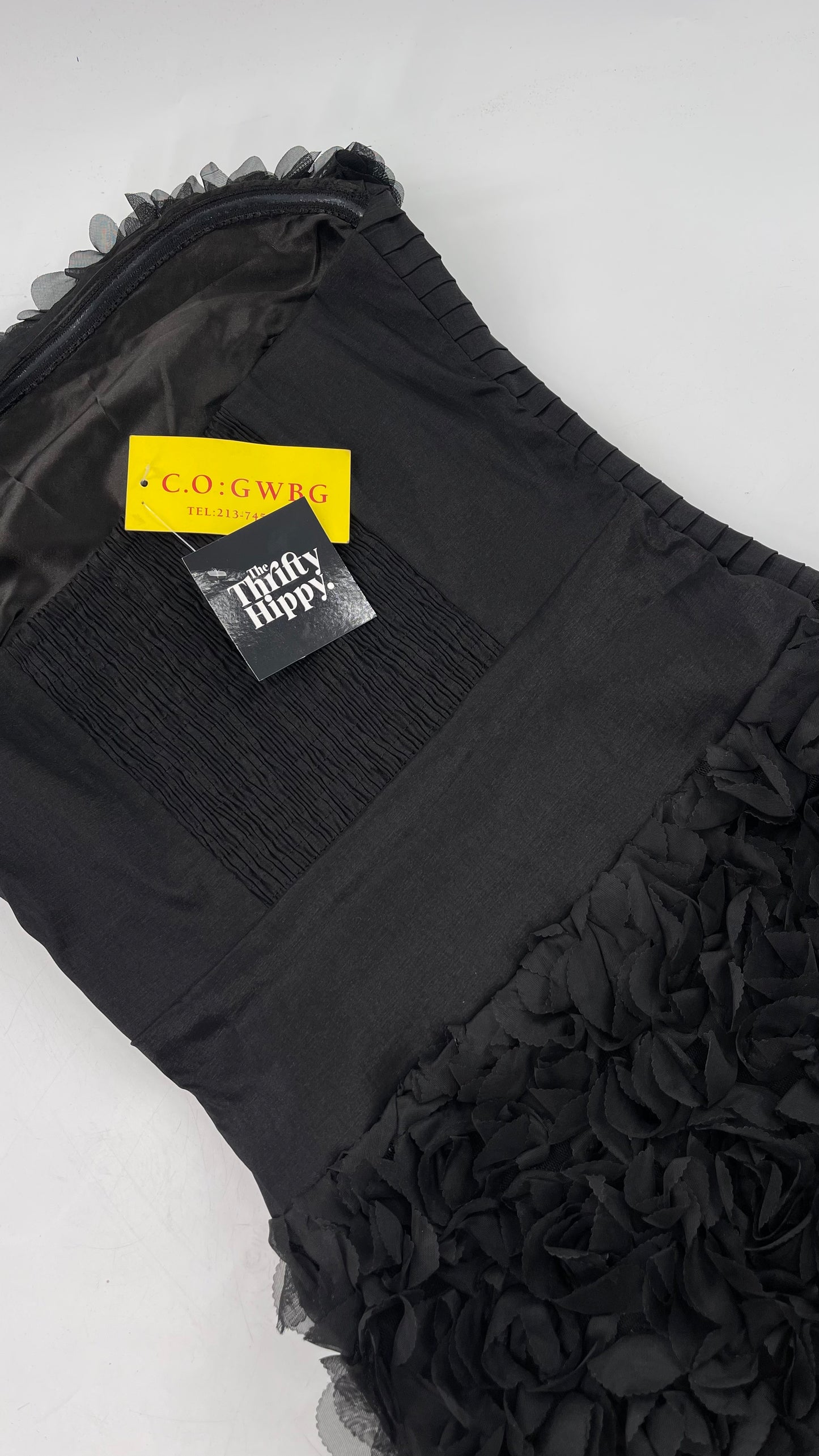 C.O:GWBG Black Dress with Pleated Bodice, Floral Ruffled Skirt and Bedazzled Bustline (S/M)