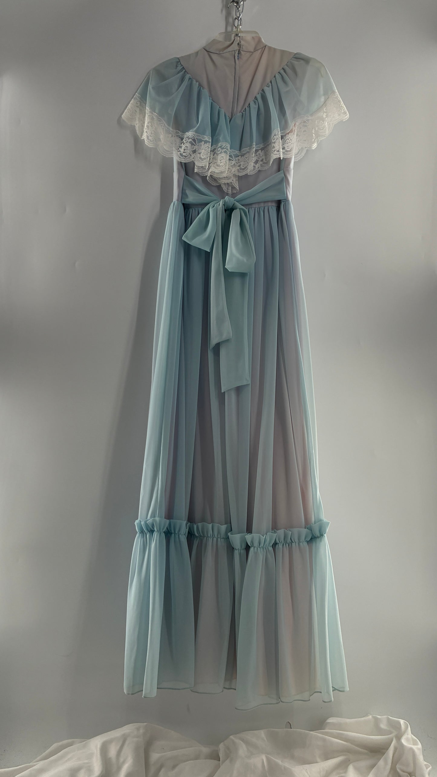 Vintage Handmade 1960s Powder Blue Overlay, Lilac Underlay Gown, Prairie Wedding Dress
