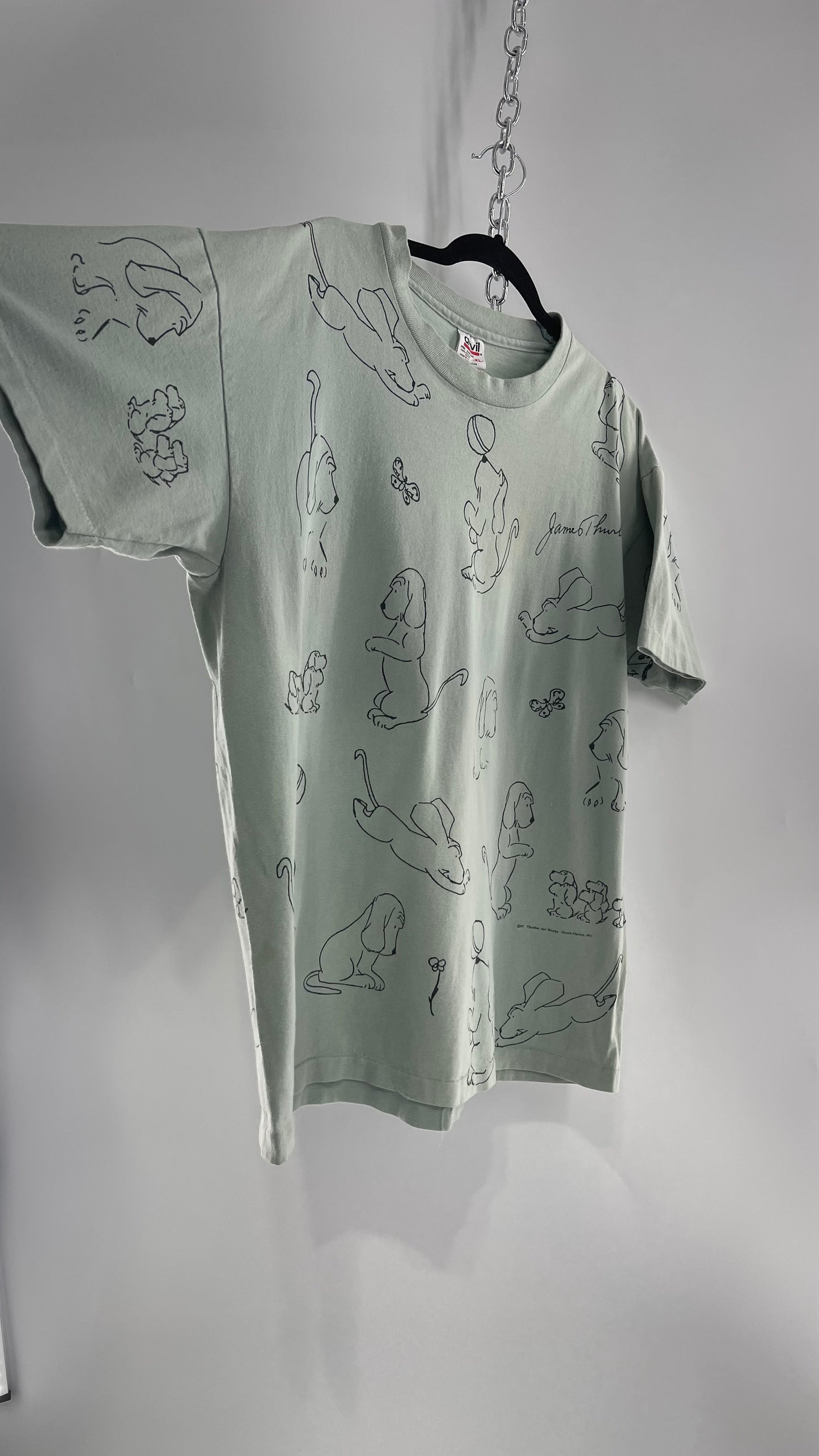 Vintage James Thurber Light Sage Nostalgic Puppy Doodle Comic Sketch T Shirt (XL)