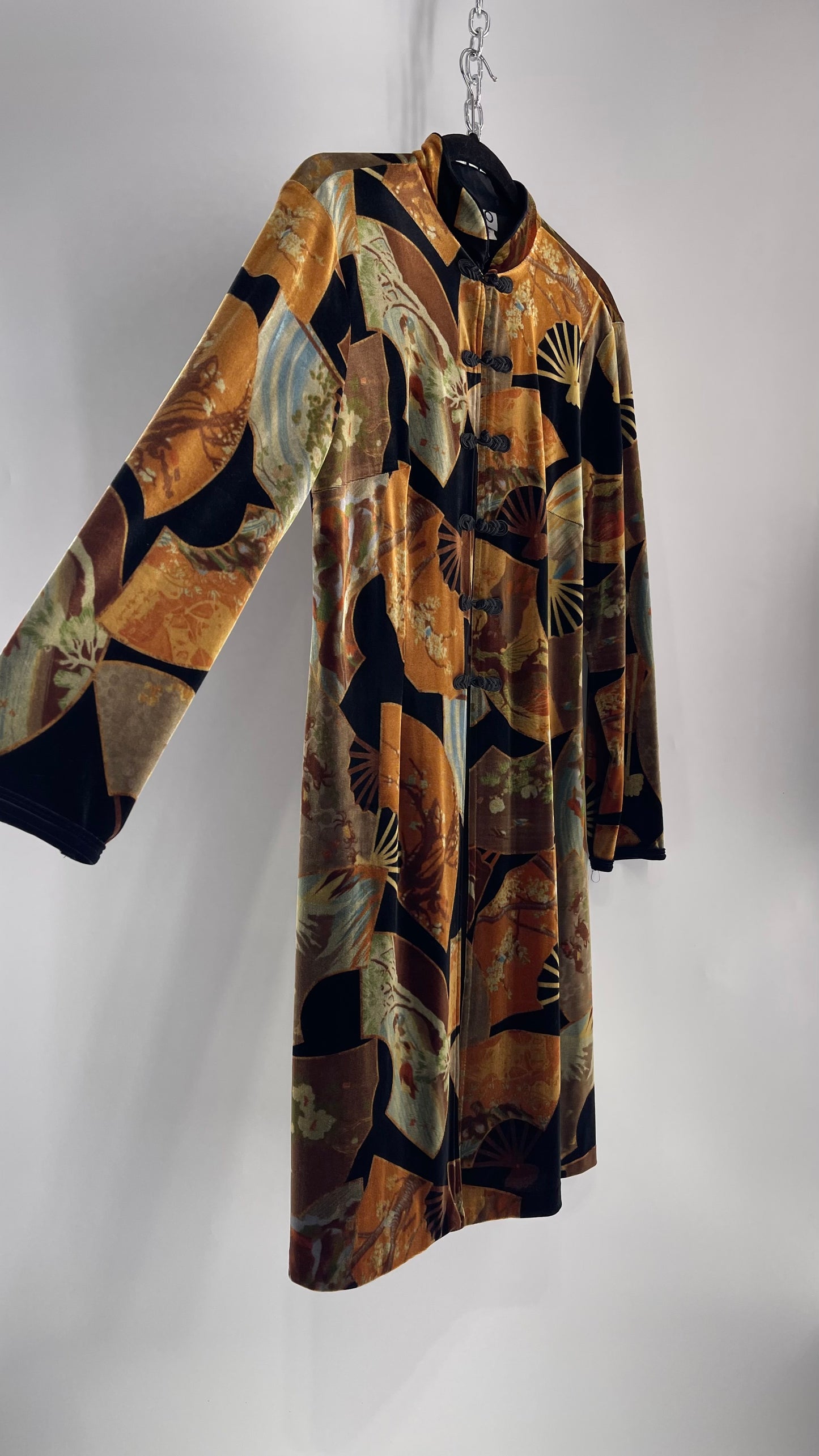 Vintage CLIO 1990s Black Velvet/Velour Fan Patterned Duster Coat (Medium)
