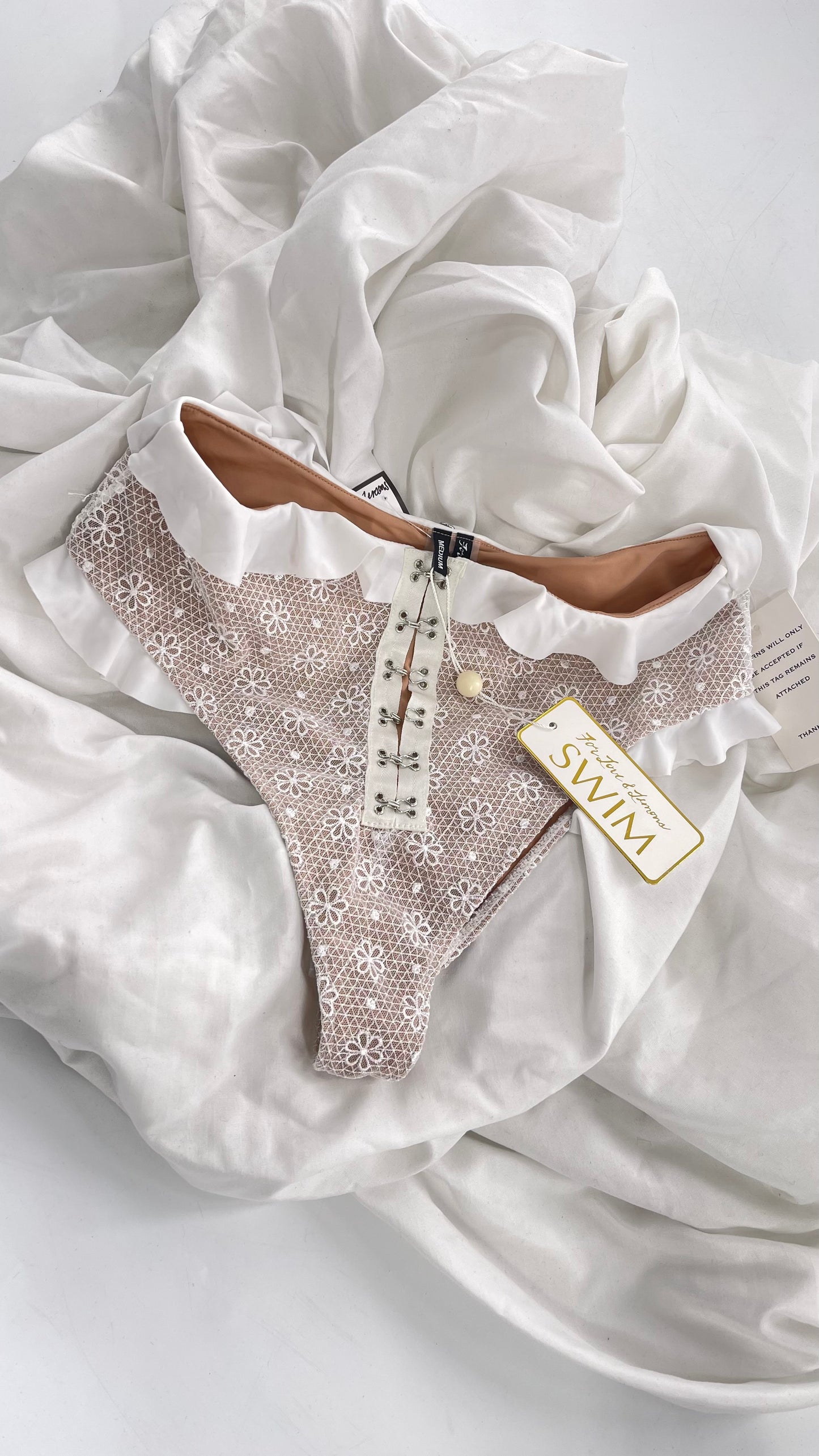 For Love & Lemons White Lace High Waisted Swim Bottoms with Tags Attached (Medium)
