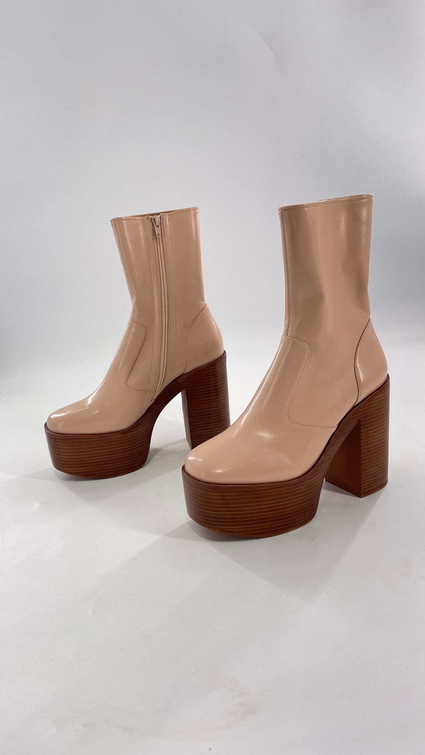 Free People X Jeffrey Campbell Mexique GoGo Boots • Beige Patent Boot with Wood Grain Chunky Block Heel and Platform (9)