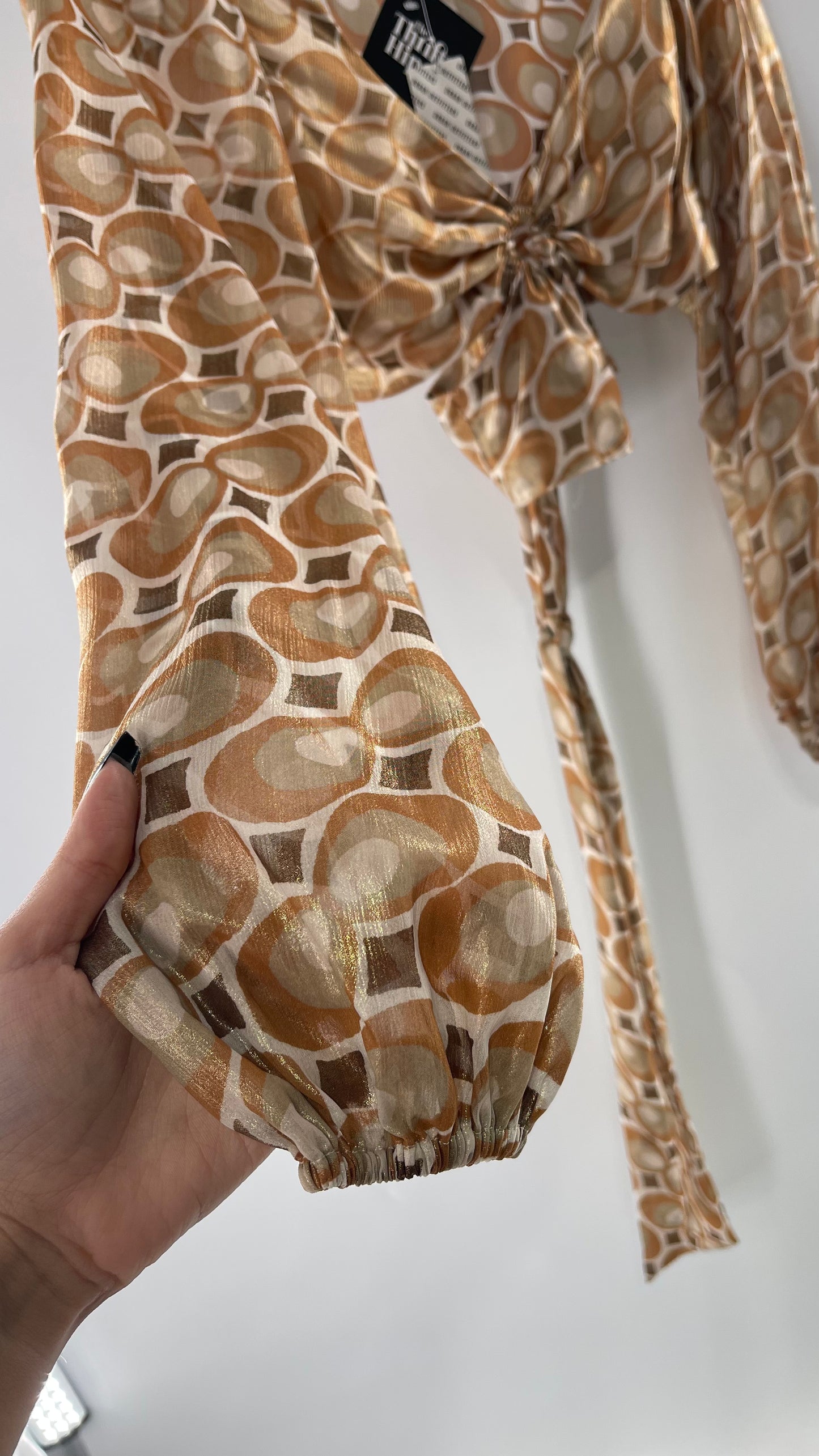 Urban Outfitters Shimmer Top Balloon Sleeve Gold Retro Print Cut Out Tie Around Blouse (Medium)