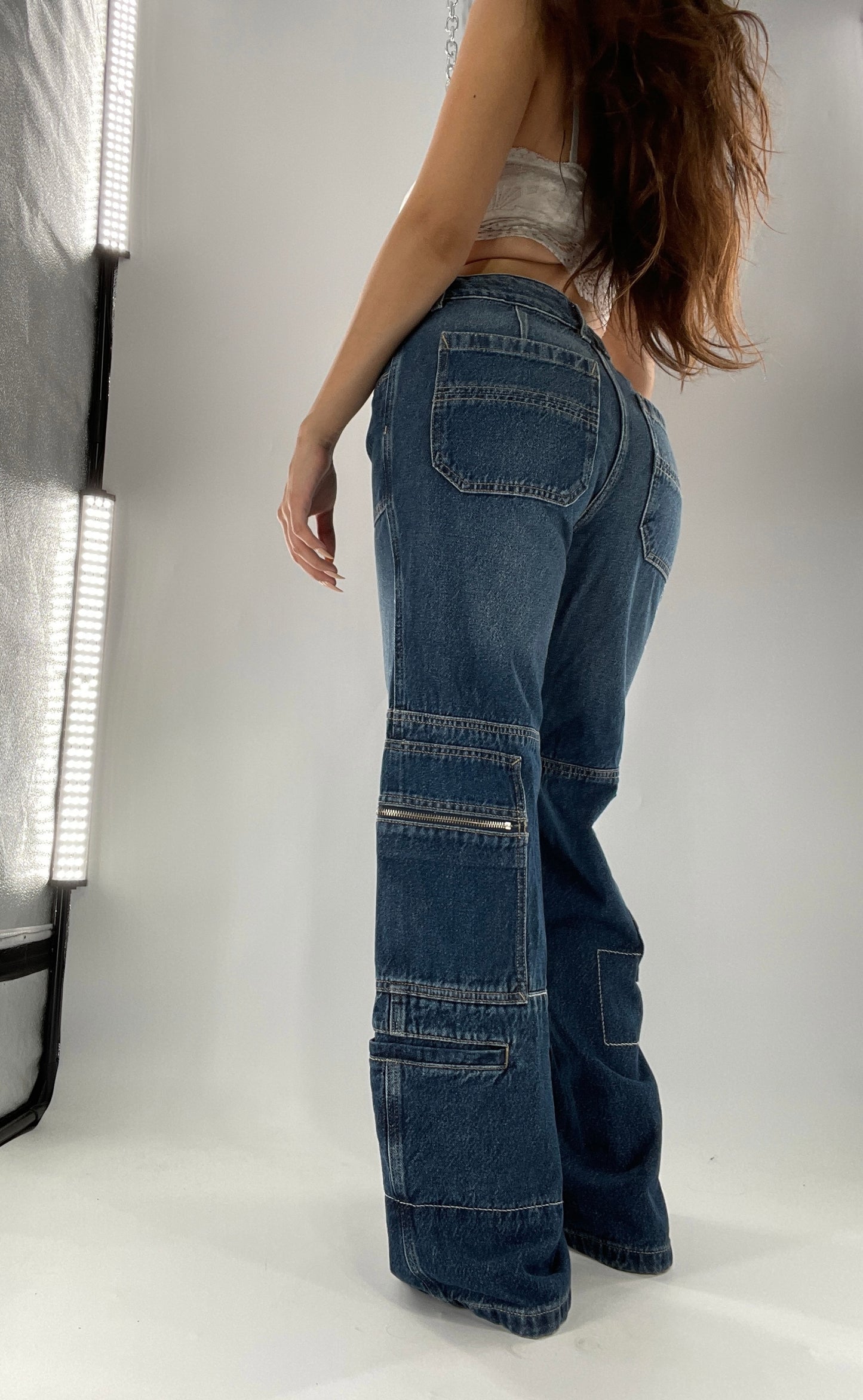 Free People Medium Wash Baggy Straight Legs Jeans Covered in Zippers, Pockets, Stitching (28)