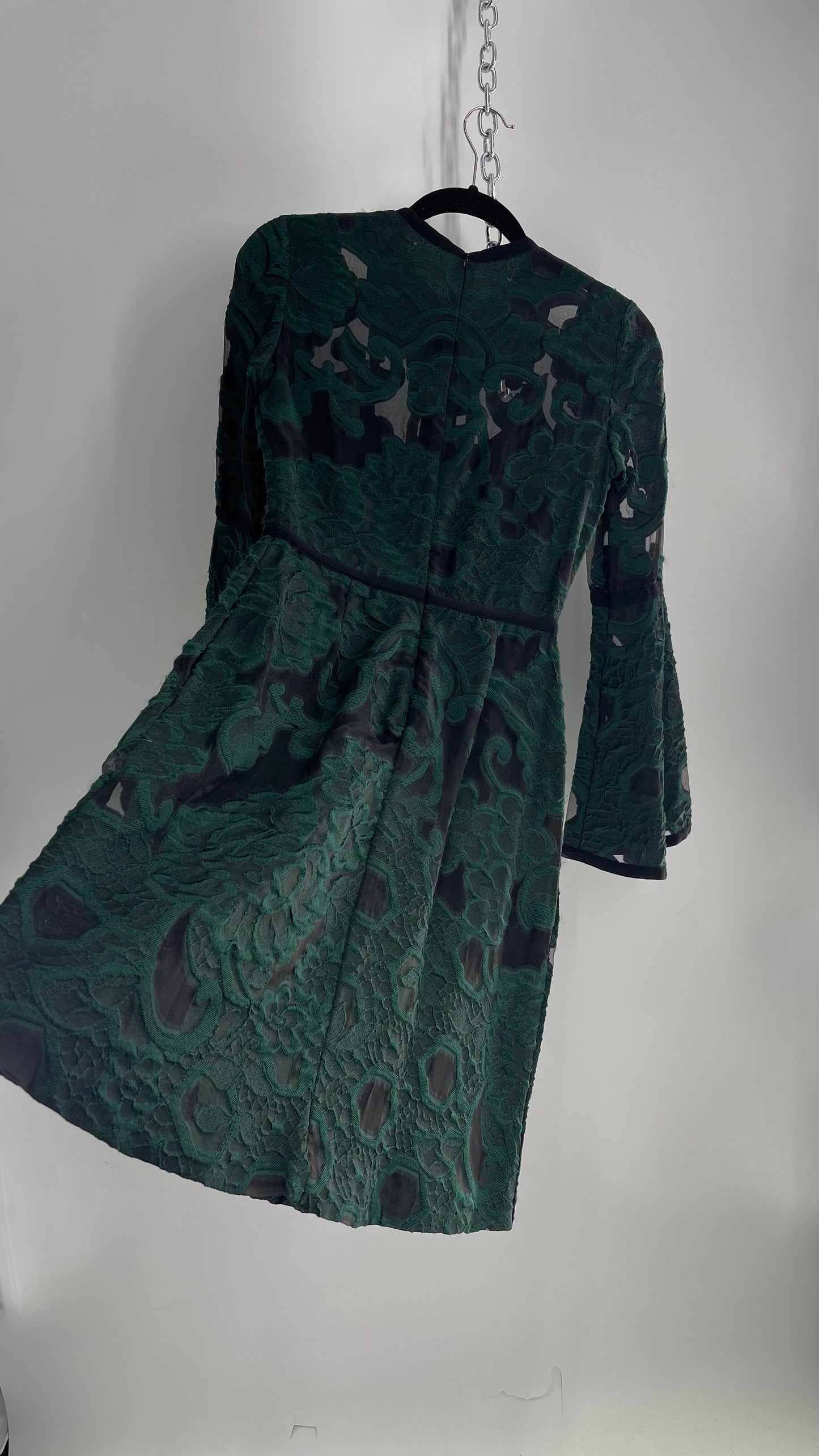 Vintage Ellie Saab Forest Green Lace Dress with Bell Sleeves (36)