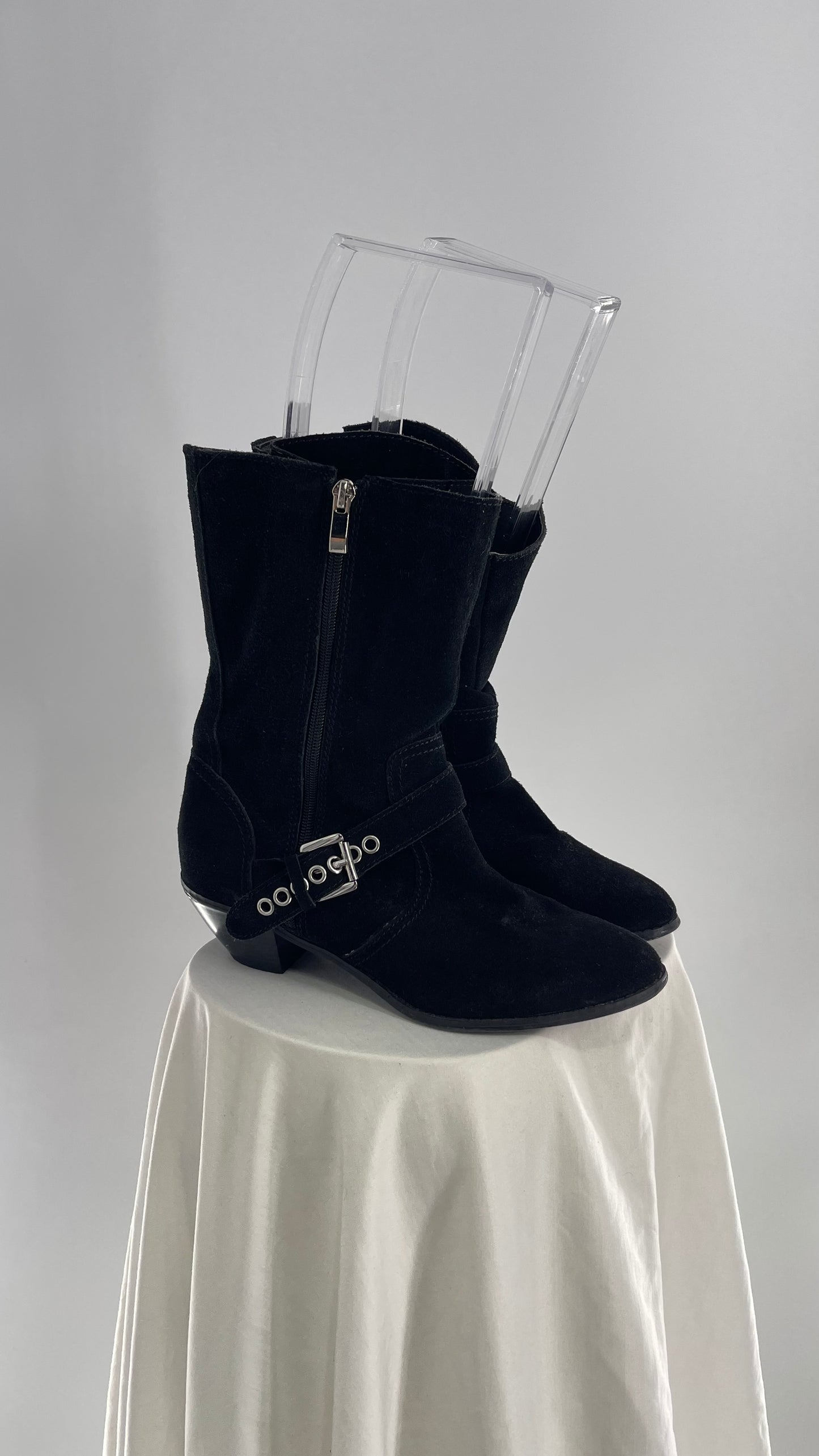 Vintage Black Suede Cowboy Boots with Buckle and Zip Up, Rhinestone Studded Details (8.5)