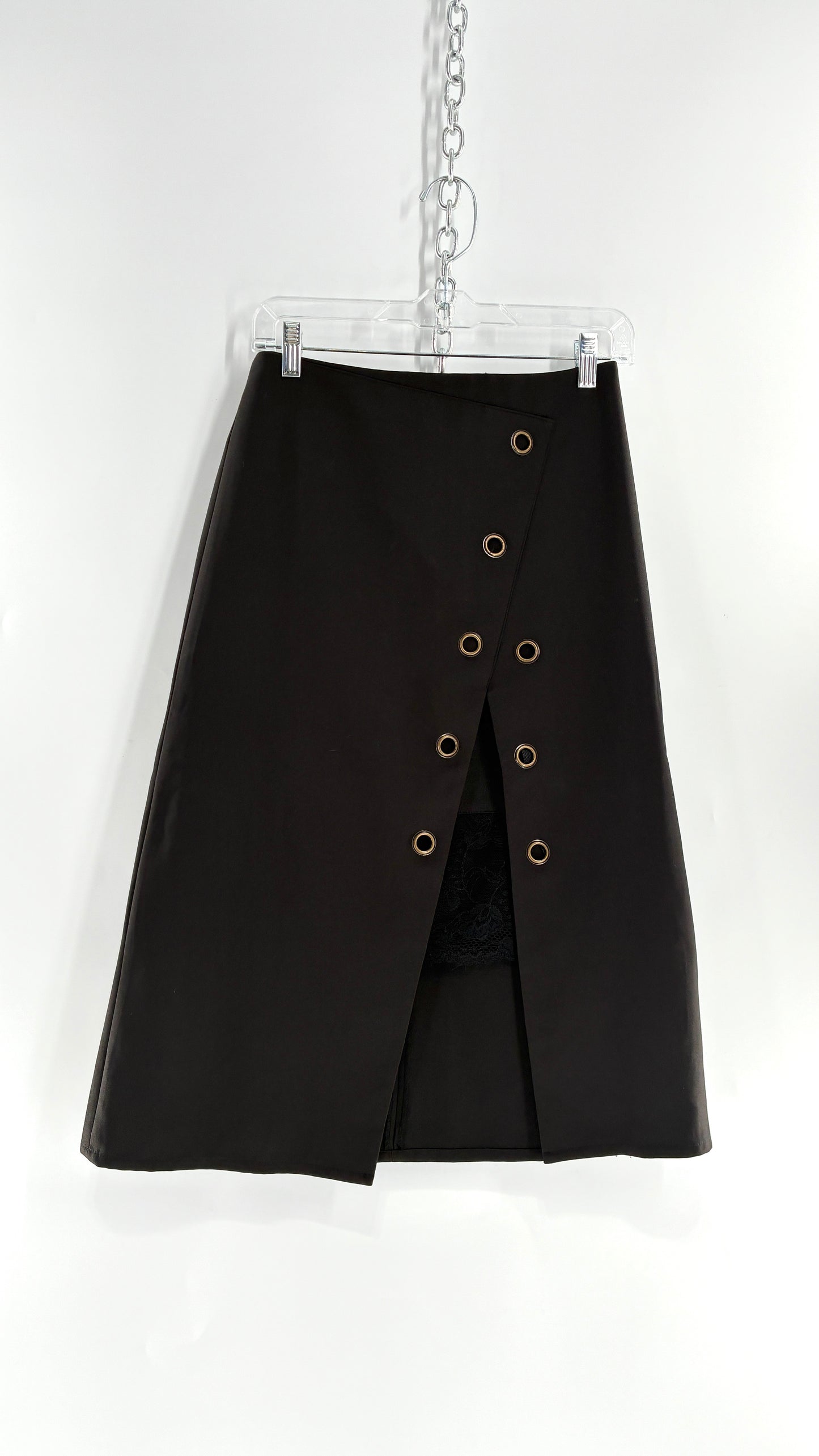 Vintage BYSI Black Skirt with Asymmetric Slit, Bronze Grommets and Lace Thigh Detail (EU36,UK8)
