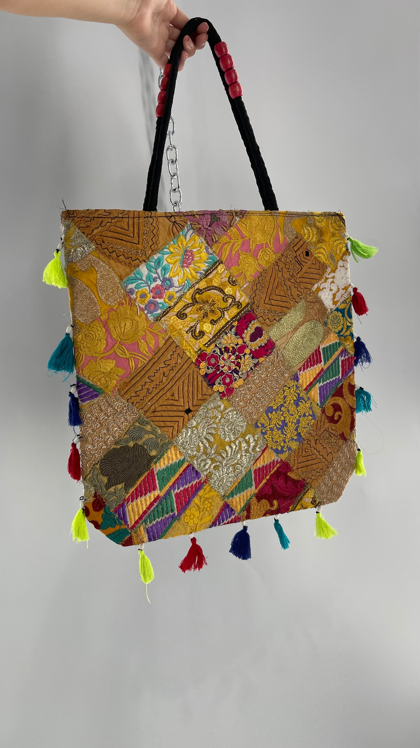 Imported Golden Yellow Patchwork Tote from Brazil with Tassel Detailing