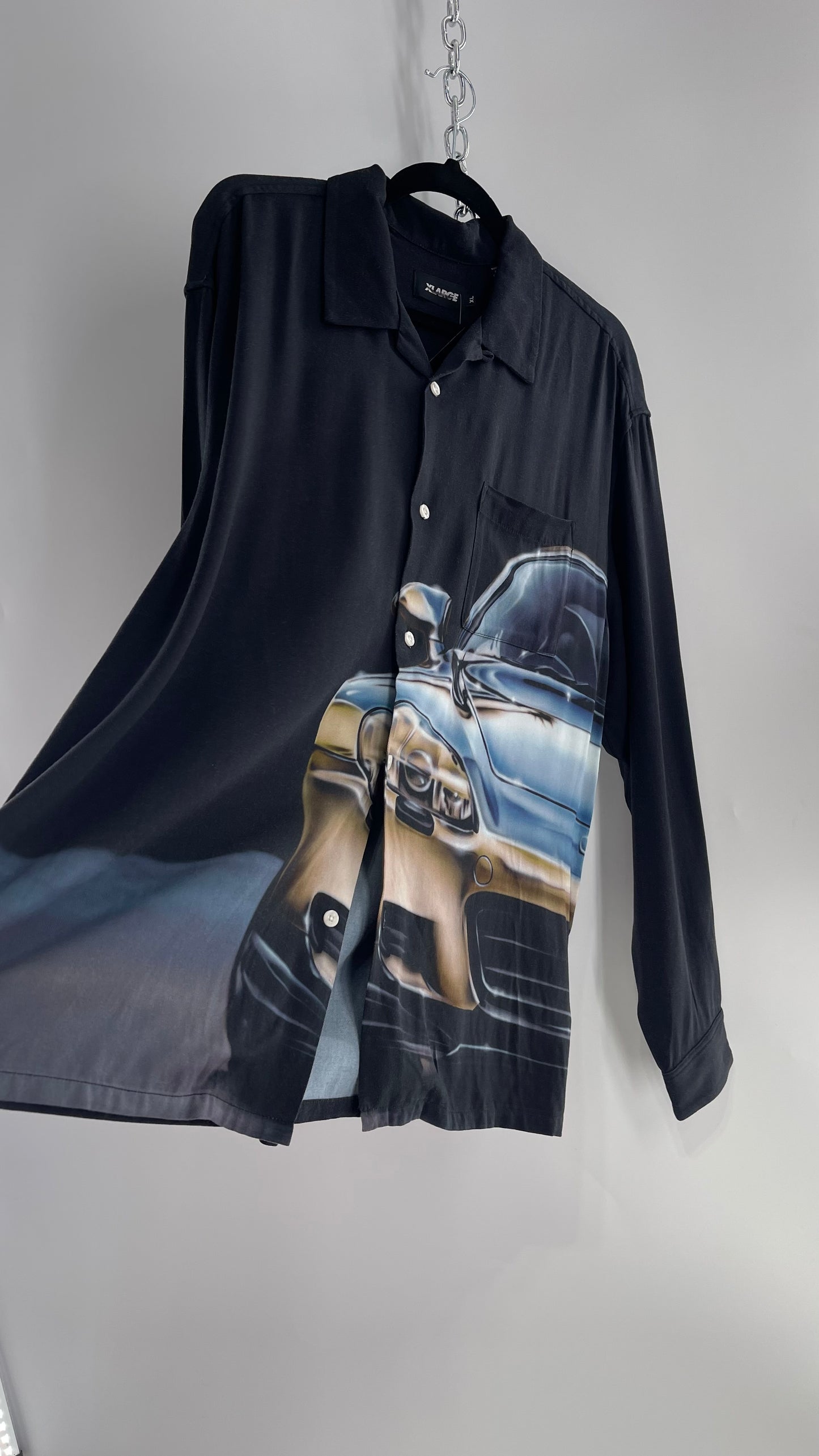 XLARGE Black 100% Rayon Men’s Button Up with HD Futuristic Car Graphic (XL)