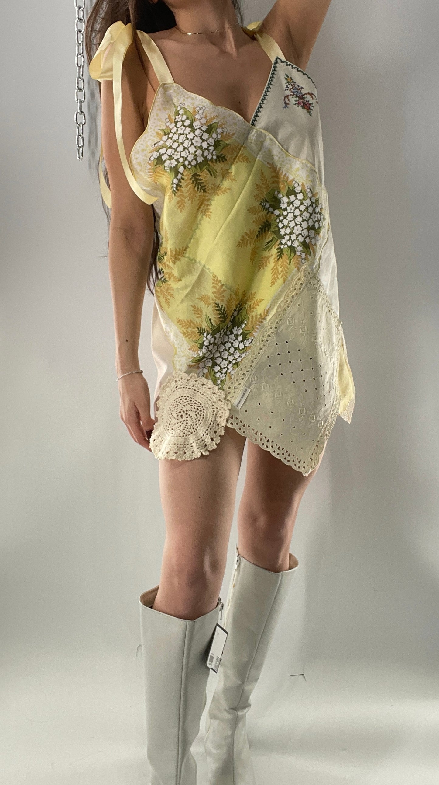 Vintage Handmade Handkerchief Mini Dress with Adjustable Ribbon Straps (XS-L)