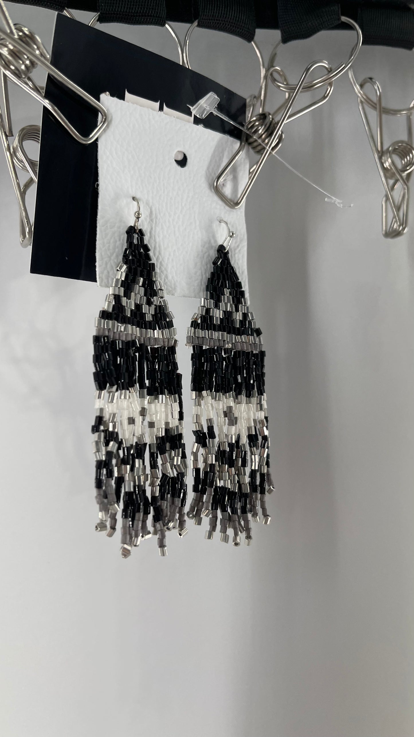 Free People Beaded Bohemian Black White Silver Earring with Tags Attached