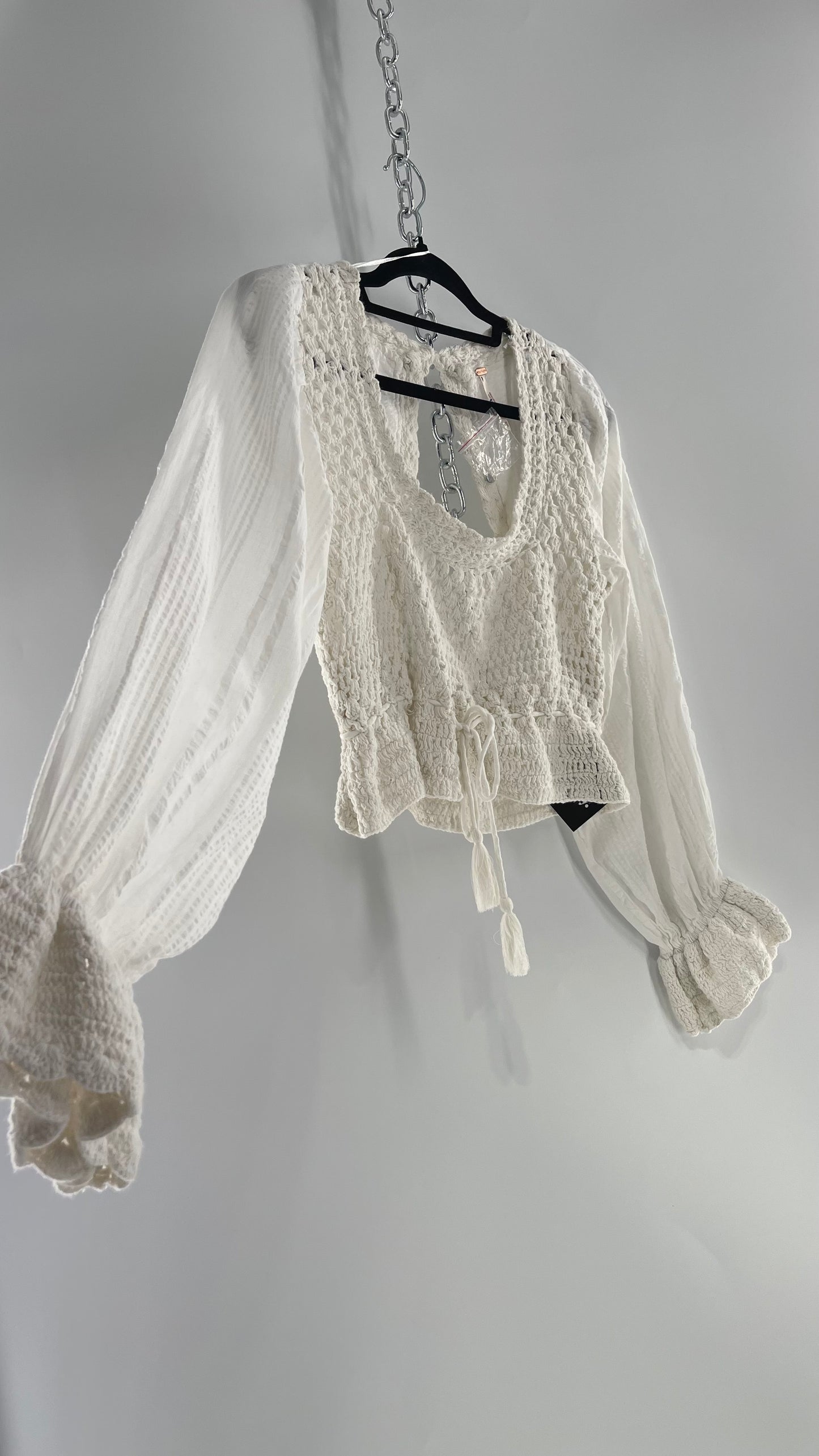 Free People White Megan Blouse with Crochet Knit Bodice and Open Back (XS)
