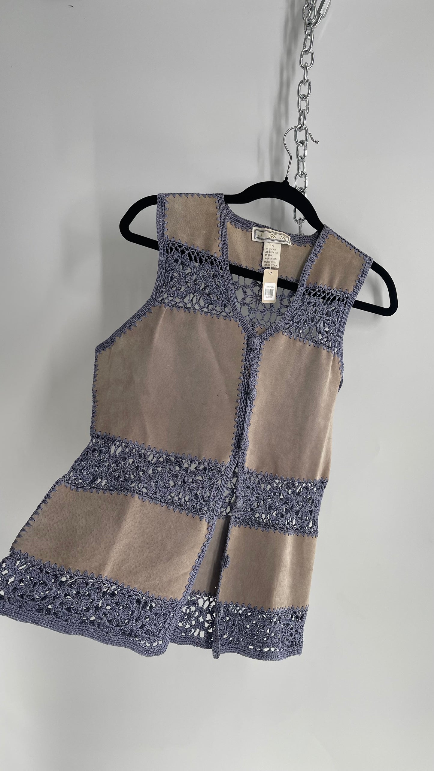 Vintage Grey Suede Leather and Blue Crochet Vest Top (Small)
