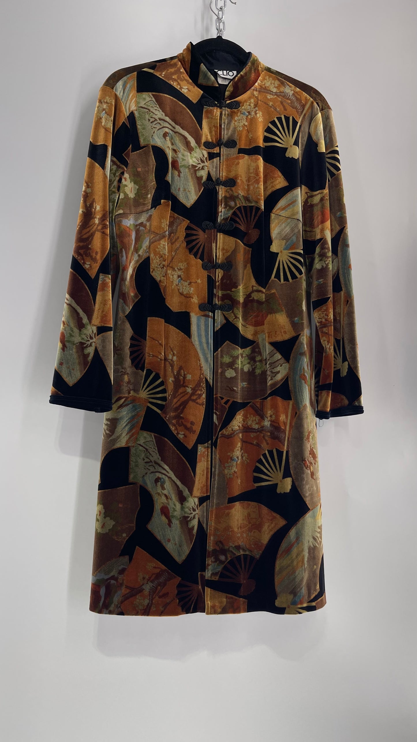 Vintage CLIO 1990s Black Velvet/Velour Fan Patterned Duster Coat (Medium)