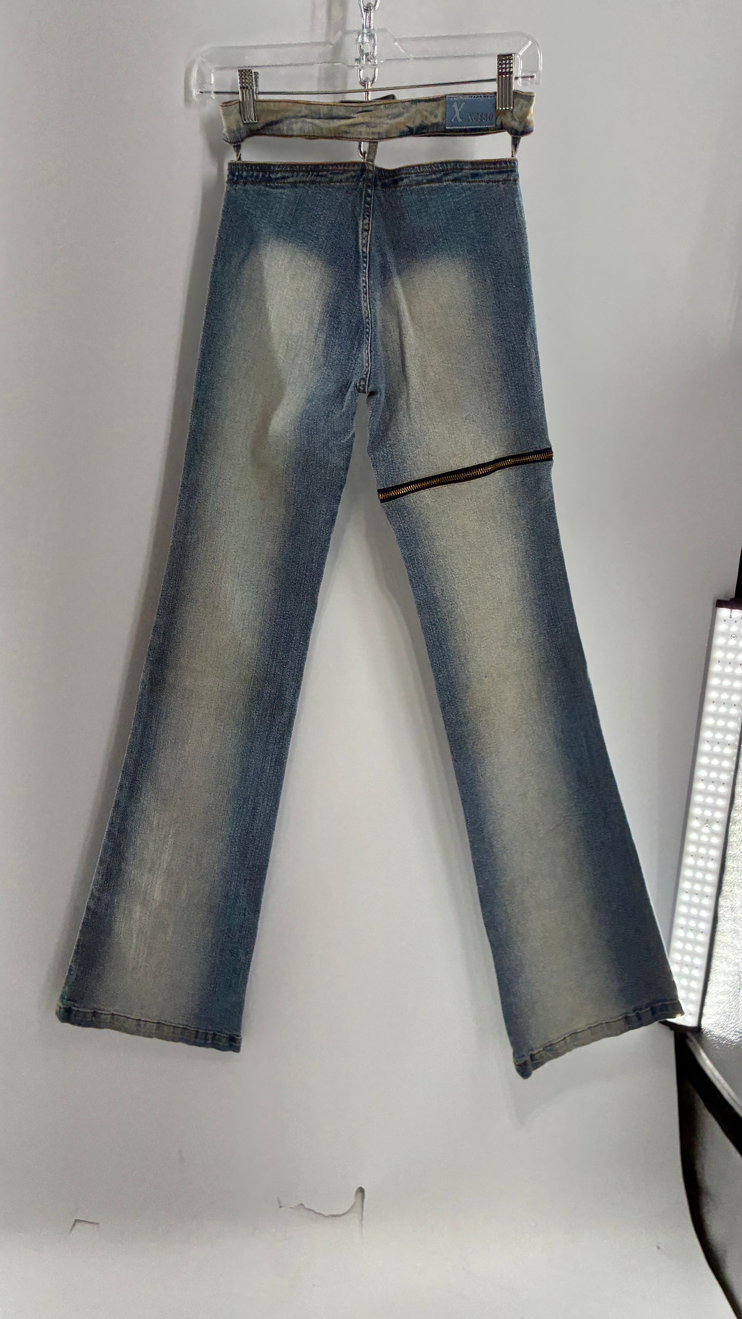Vintage XCESO JEANS Rare Faded Double Waistband Kickflare Jeans with Functional Zipper Details (Medium*)