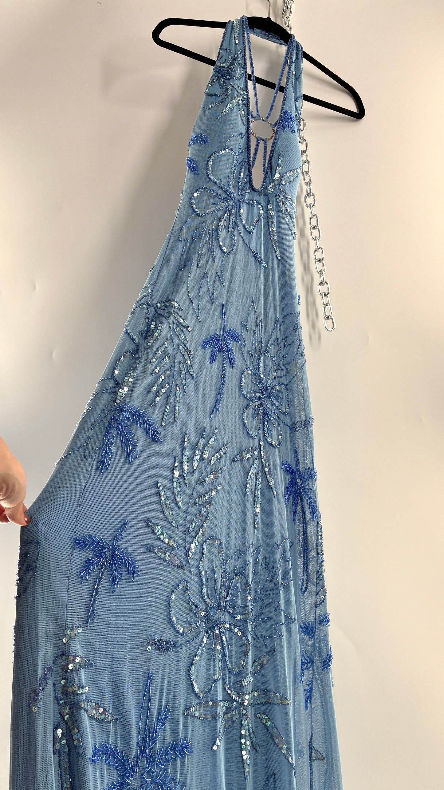 Vintage 1990s Powder Blue Gown Covered in Beaded Appliqué Tropical Designs with Strappy Bust and Low, Open Back (S/M, stretchy no size marked)