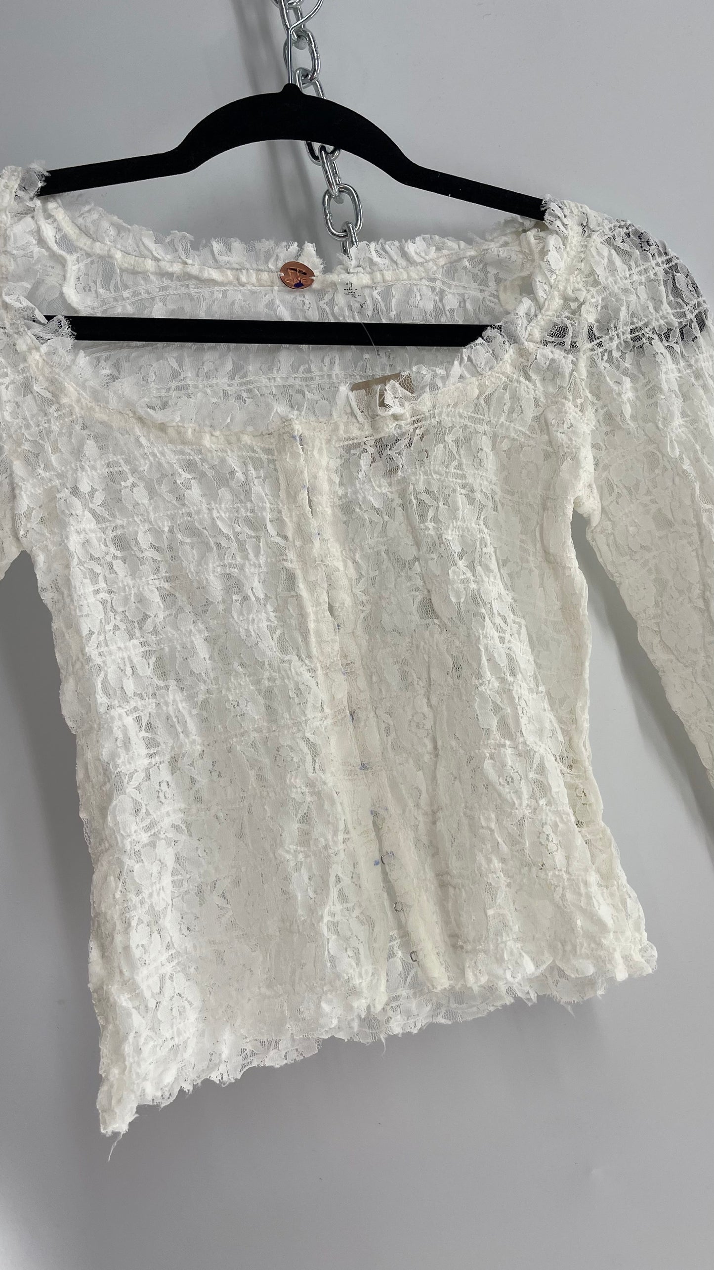Free People White Smocked Lace Long Sleeve with Eyelet Closure (Small)