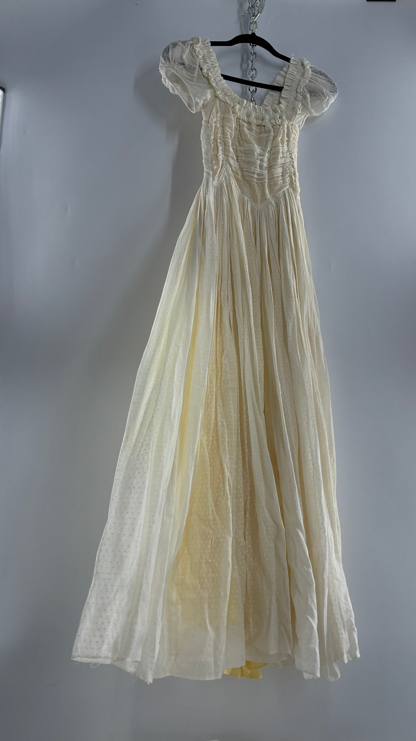 Vintage 1970s Off White Cotton Handmade Maxi Dress with Ruched Bodice, Puff Sleeves, and Polka Dot Texture (XS/S)