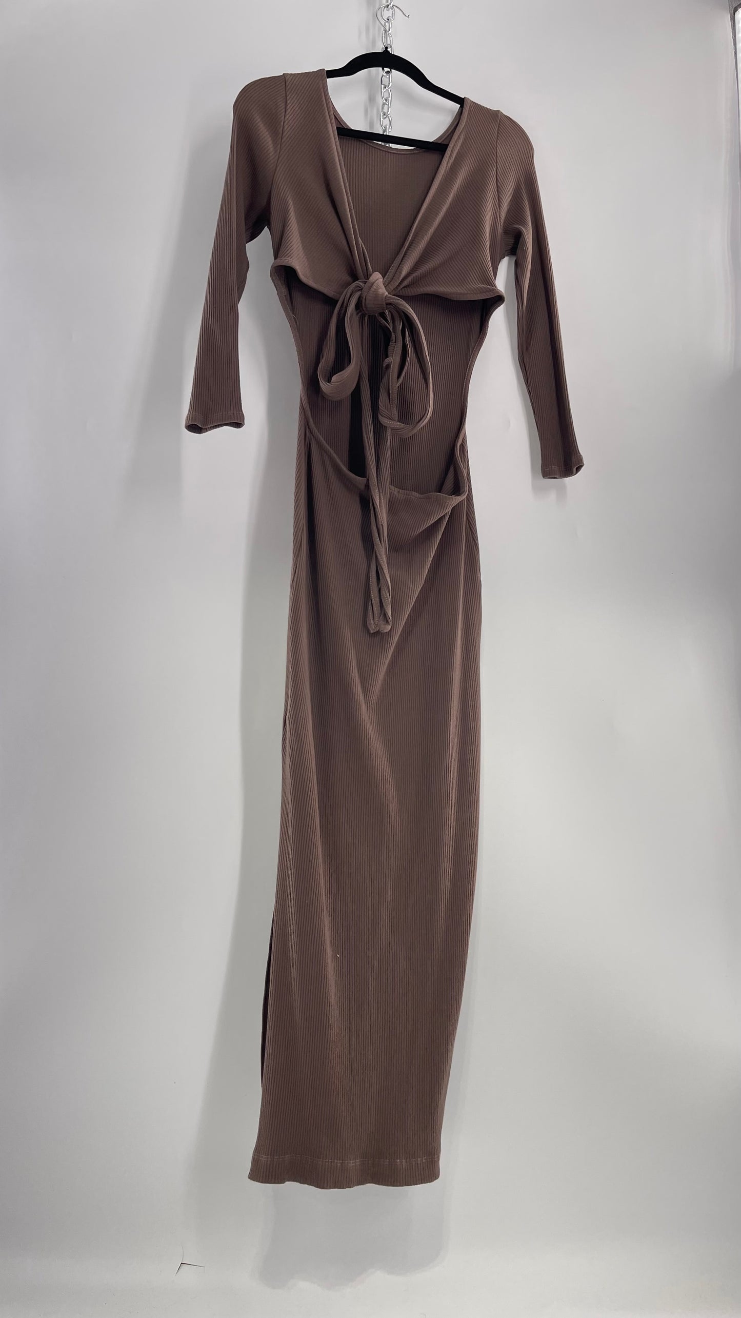 Free People Brown Ribbed Maxi Dress with Low Open Back and Dramatic Tie Detail (Large)
