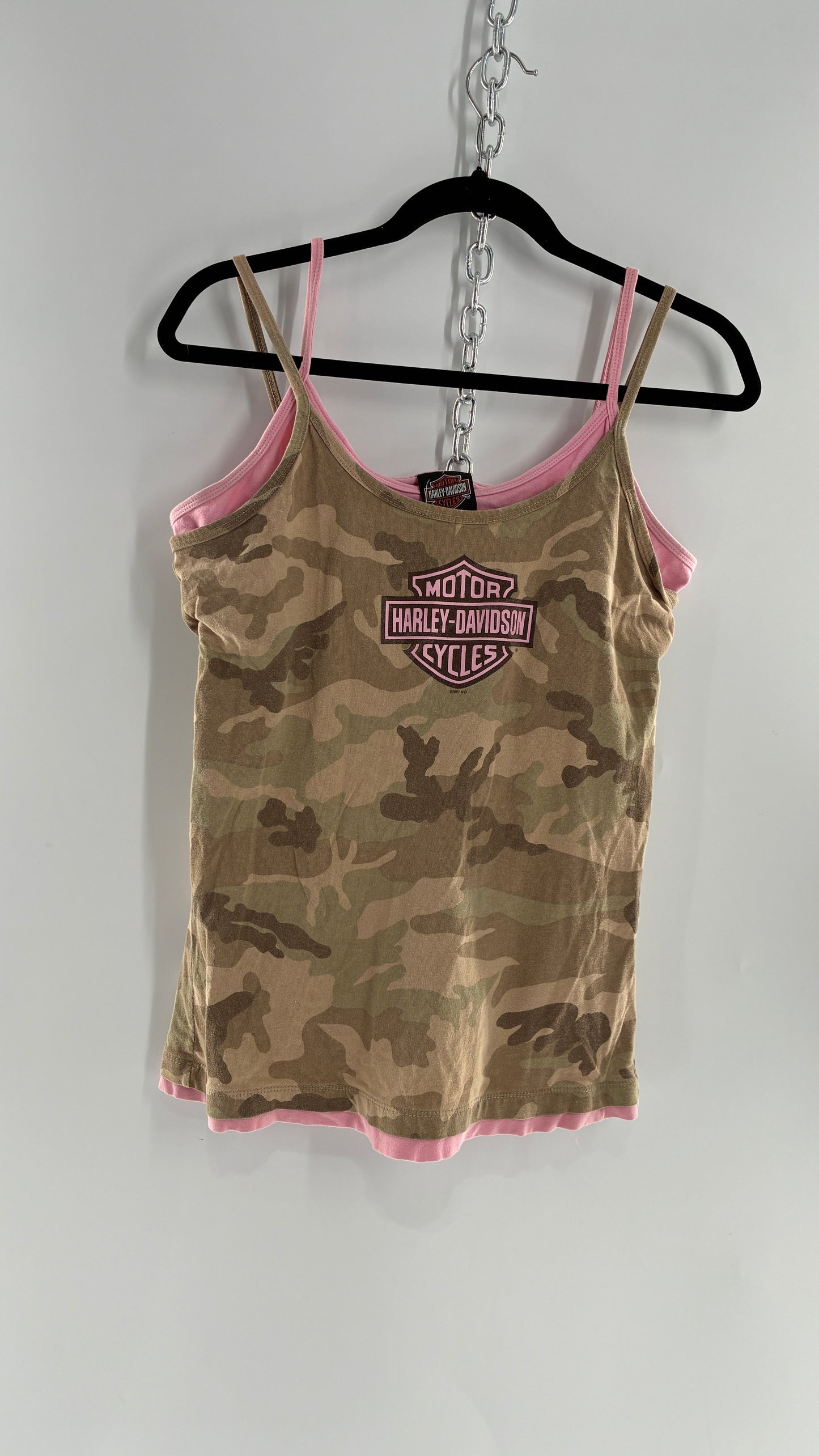 Vintage Harley Davidson Camo Tank with Built in Pink Sports Bra (Large)