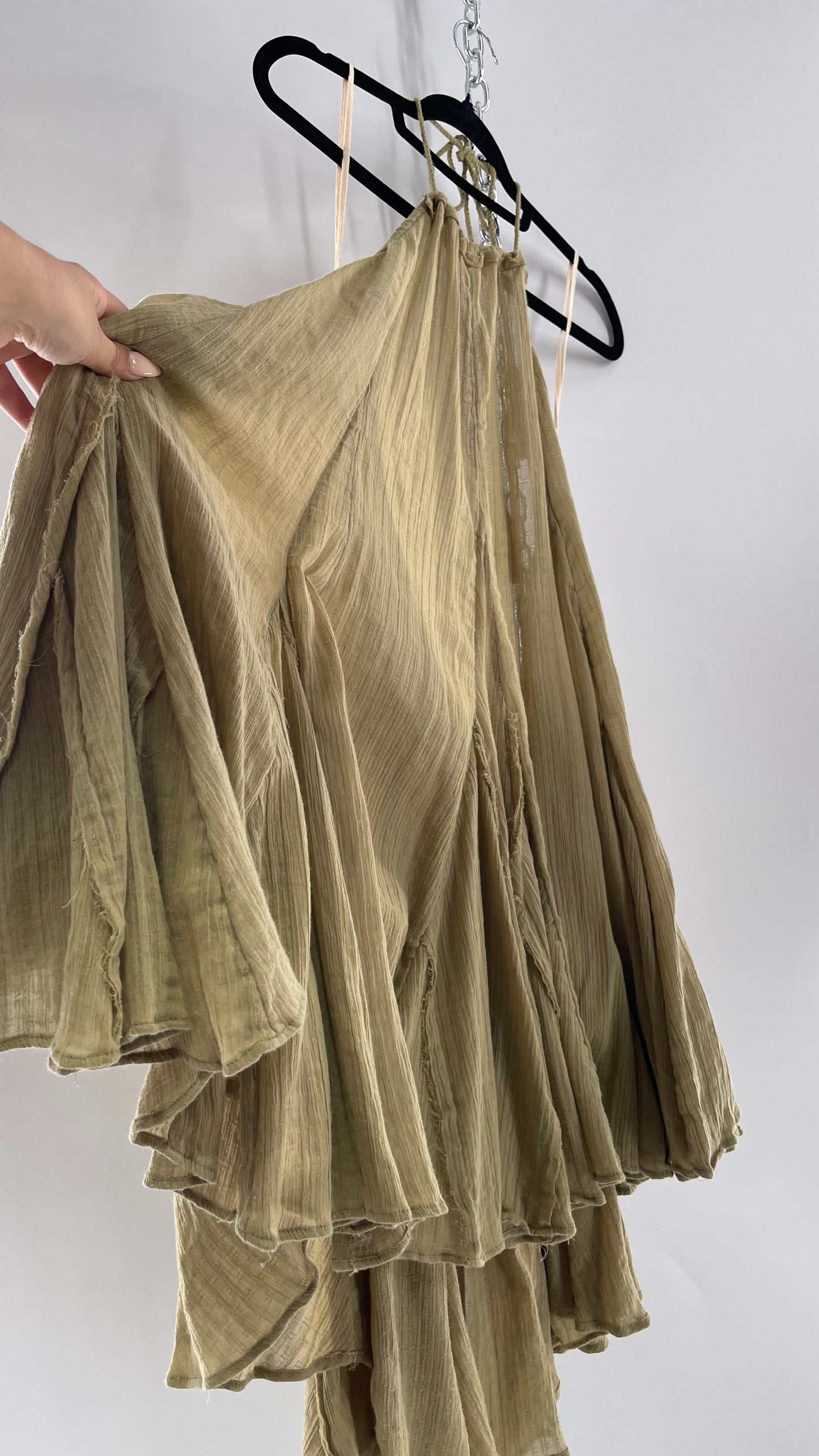 Free People Olive Sage Gauze/Cotton Halter Backless Dress (M)