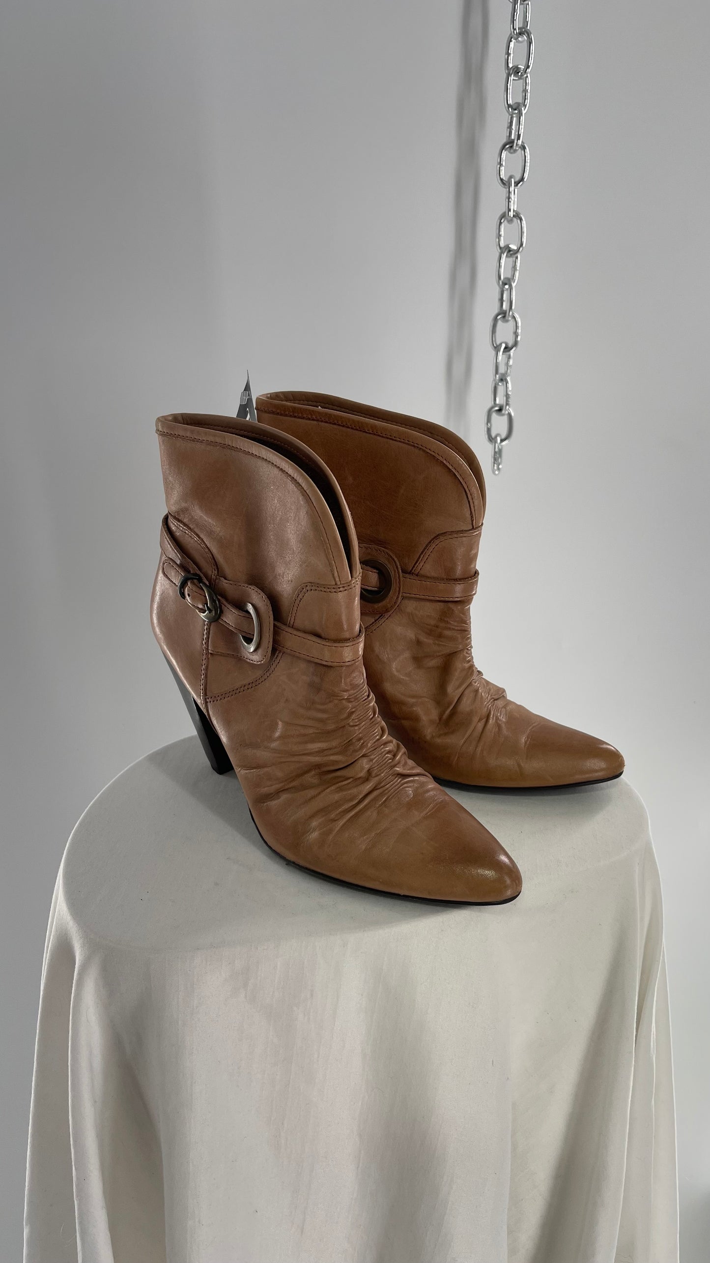 Vintage Pointed Toe Booties with Ruching and Belt Detail Made in Brazil