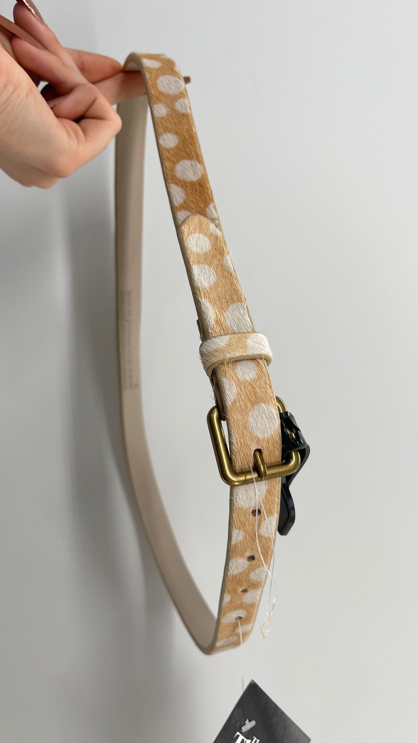 Genuine Leather Pony Hair Tan Polka Dot Belt (Small)
