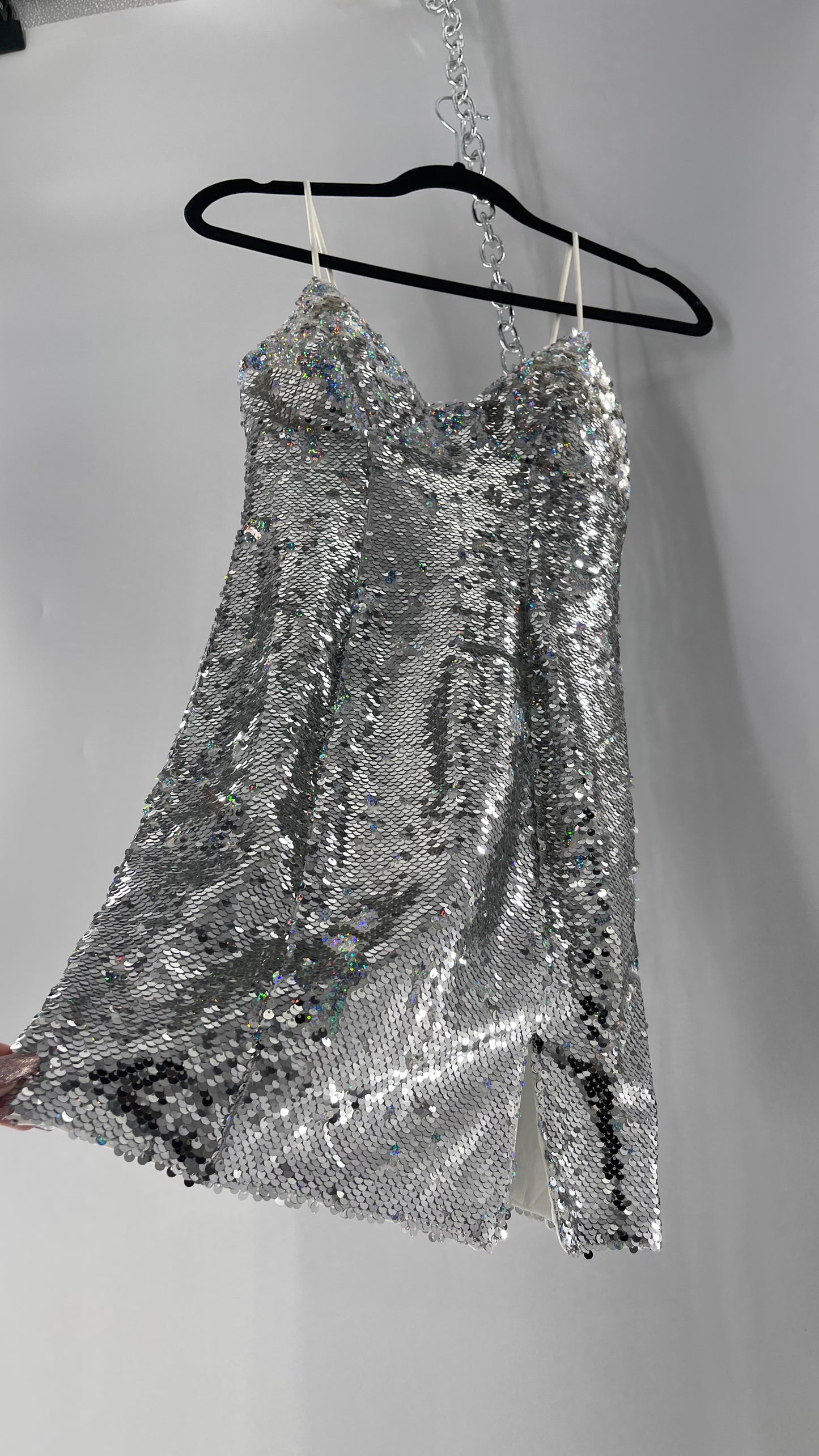 Princess Polly Silver Iridescent Sequin Mini Dress with Triangle Cups and Thigh Slit (0)