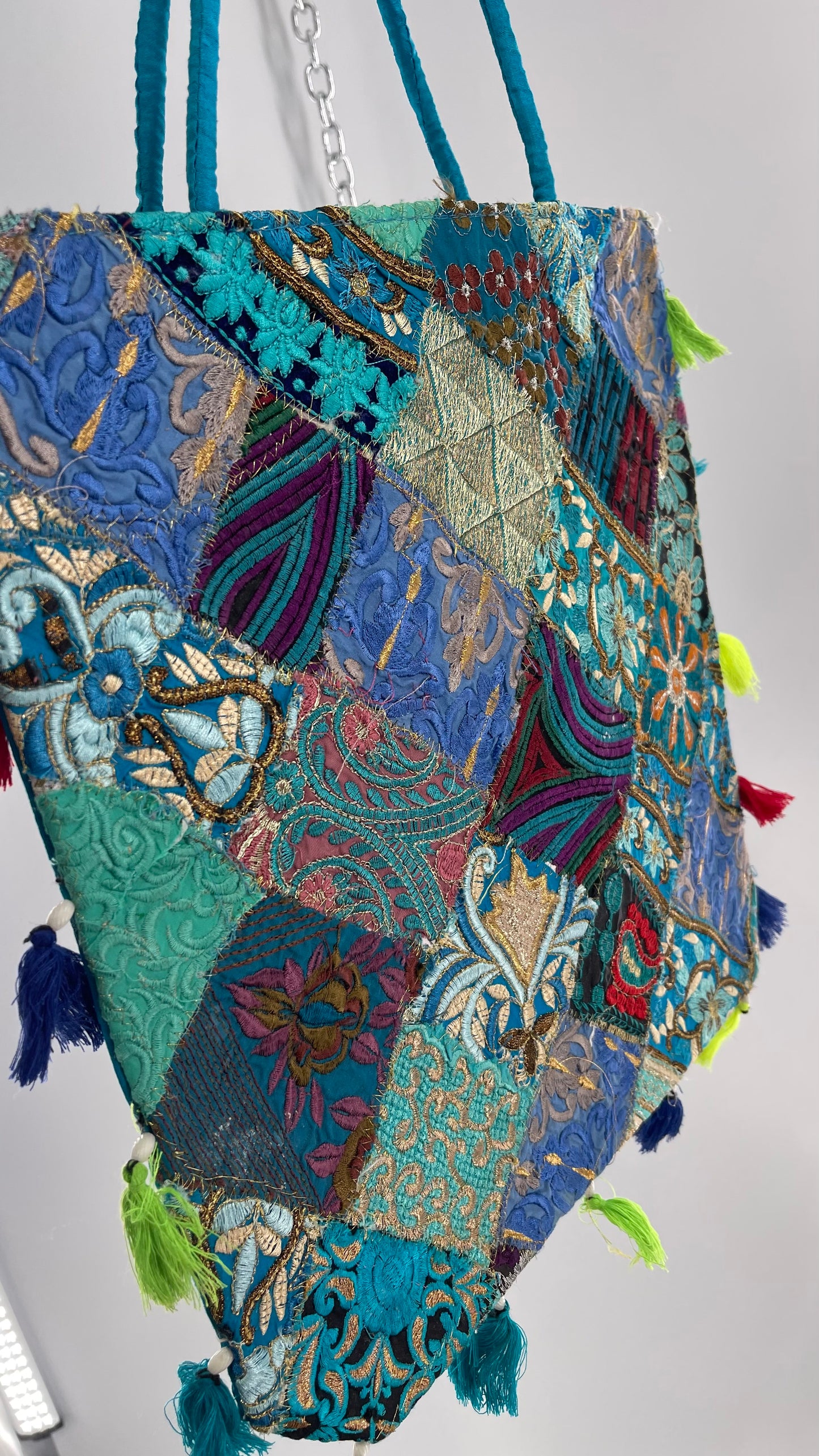 Imported Blue Patchwork Tote from Brazil with Tassel Detailing